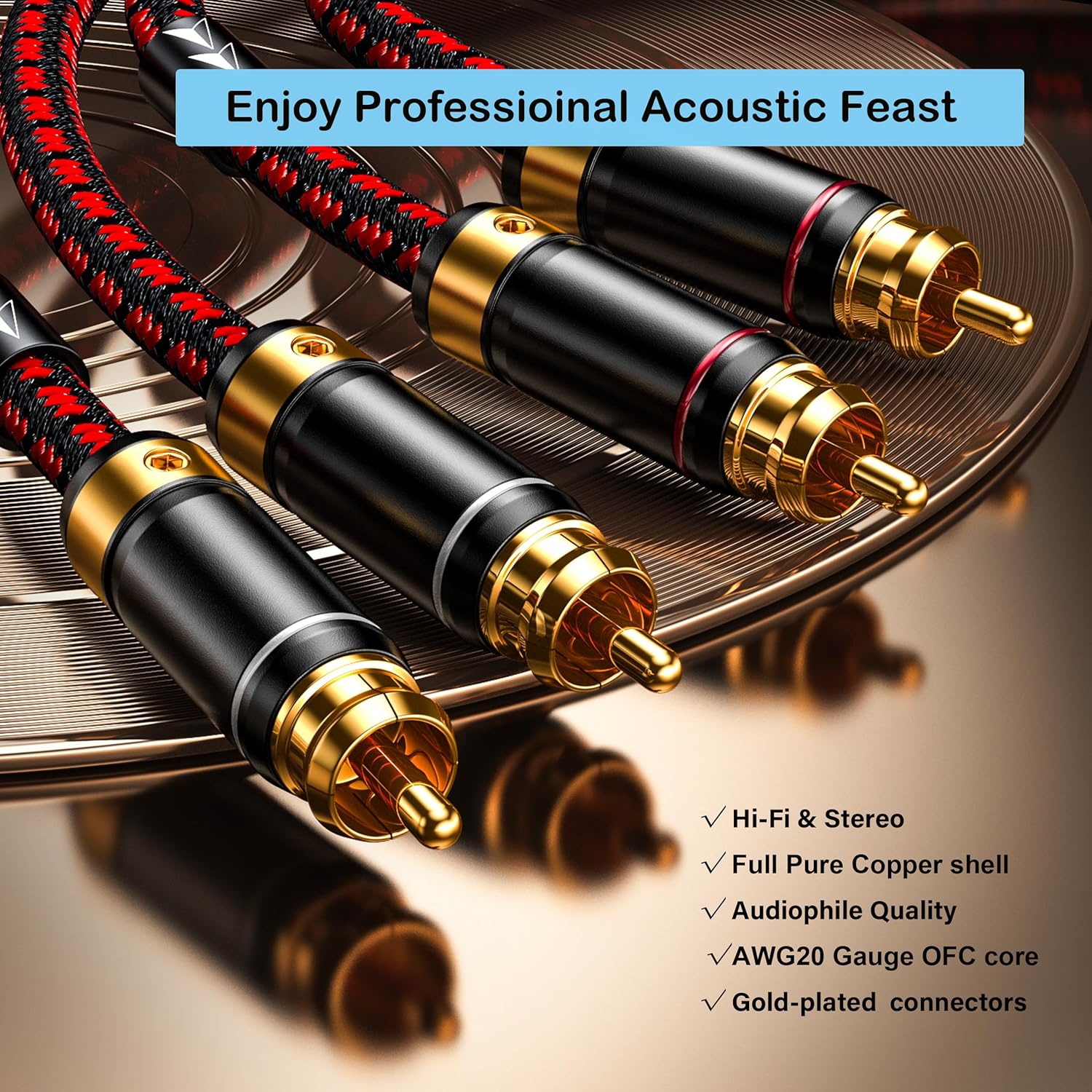 Auidophile 2RCA Male to 2RCA Male Stereo Audio Cable,Gold Plated | 4N Oxgen-Free Copper Core (6 Feet (2M)) - Image 5