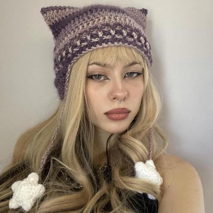Cat Beanie Beanies Y2k Beanie Knit Hat Grunge Goth y2k Accessories Crochet Hats for Women - Image 2