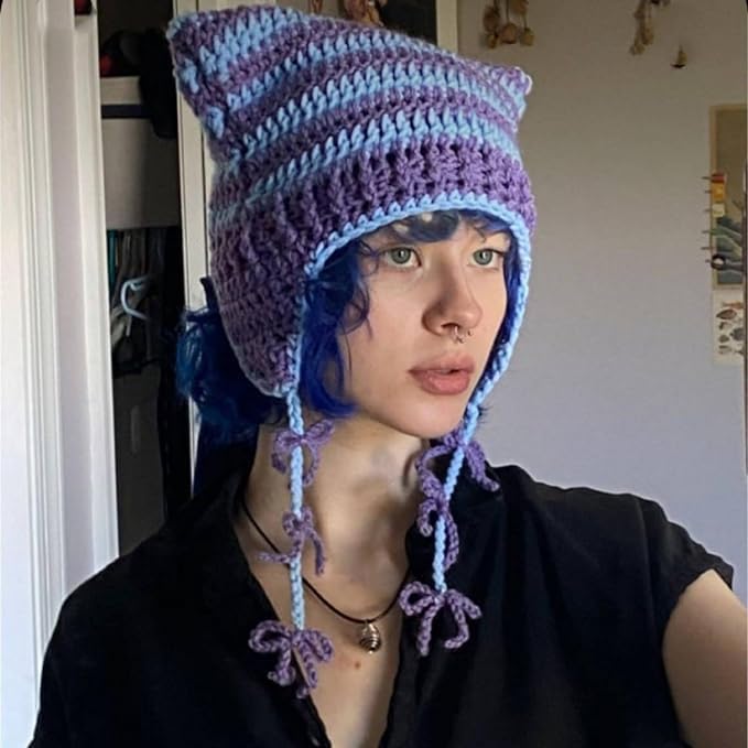 Cat Beanie Beanies Y2k Beanie Knit Hat Grunge Goth y2k Accessories Crochet Hats for Women - Image 3