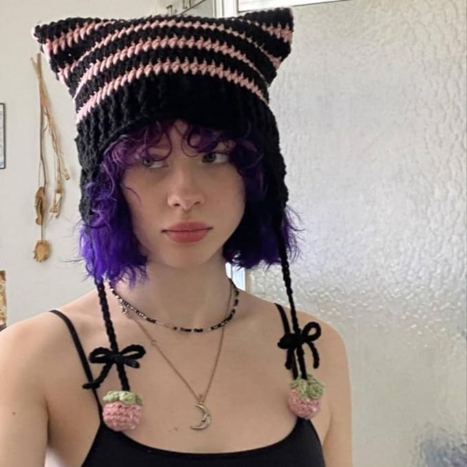 Cat Beanie Beanies Y2k Beanie Knit Hat Grunge Goth y2k Accessories Crochet Hats for Women - Image 4