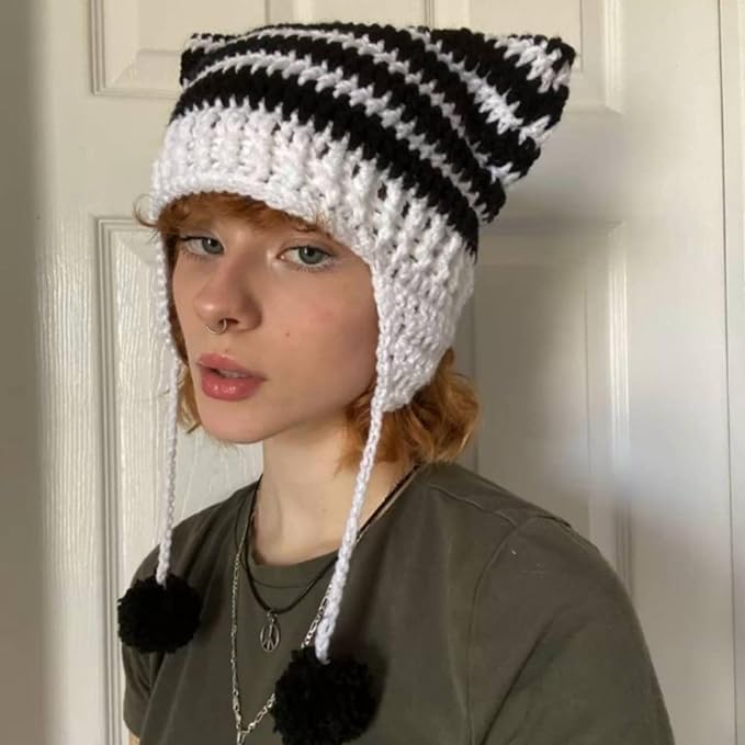Cat Beanie Beanies Y2k Beanie Knit Hat Grunge Goth y2k Accessories Crochet Hats for Women - Image 6