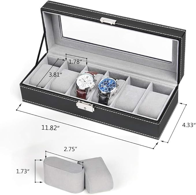 6-slot Leather Watch Box, Watch Box Organizer Glass jewelry Storage Black - Image 2