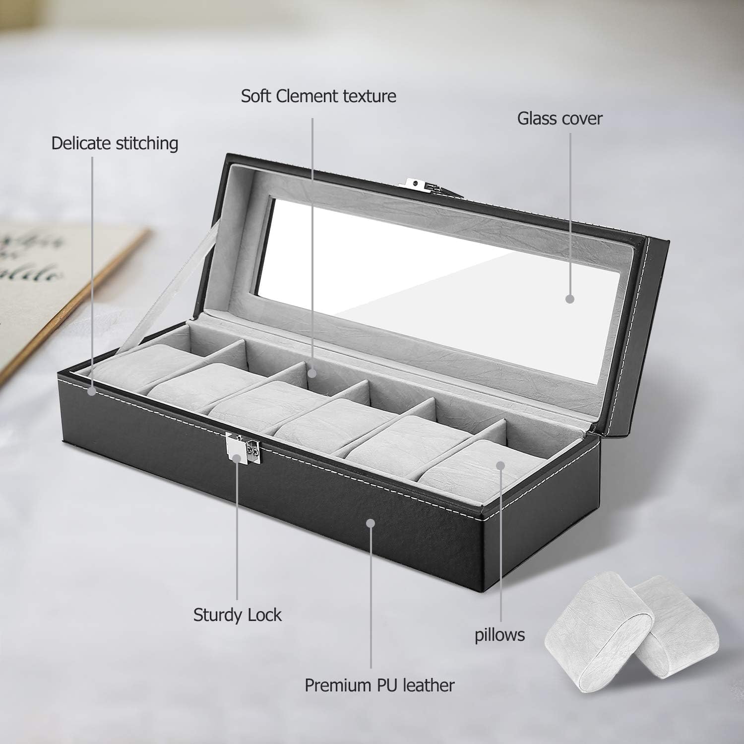 6-slot Leather Watch Box, Watch Box Organizer Glass jewelry Storage Black - Image 3