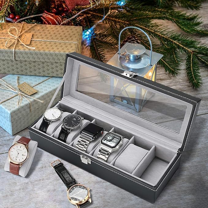 6-slot Leather Watch Box, Watch Box Organizer Glass jewelry Storage Black - Image 4