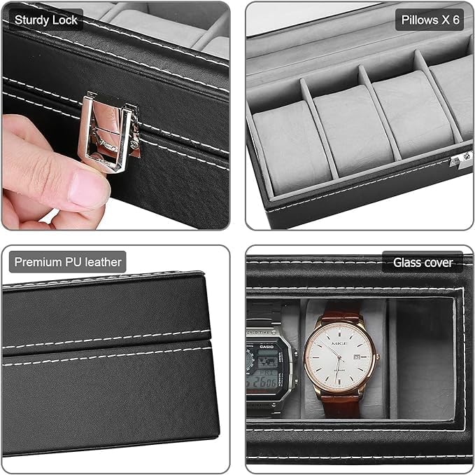 6-slot Leather Watch Box, Watch Box Organizer Glass jewelry Storage Black - Image 5