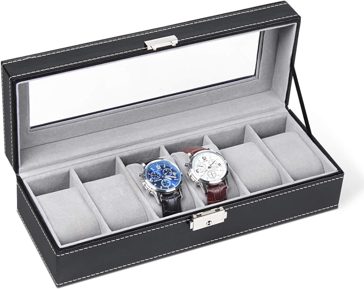 6-slot Leather Watch Box, Watch Box Organizer Glass jewelry Storage Black - Image 6