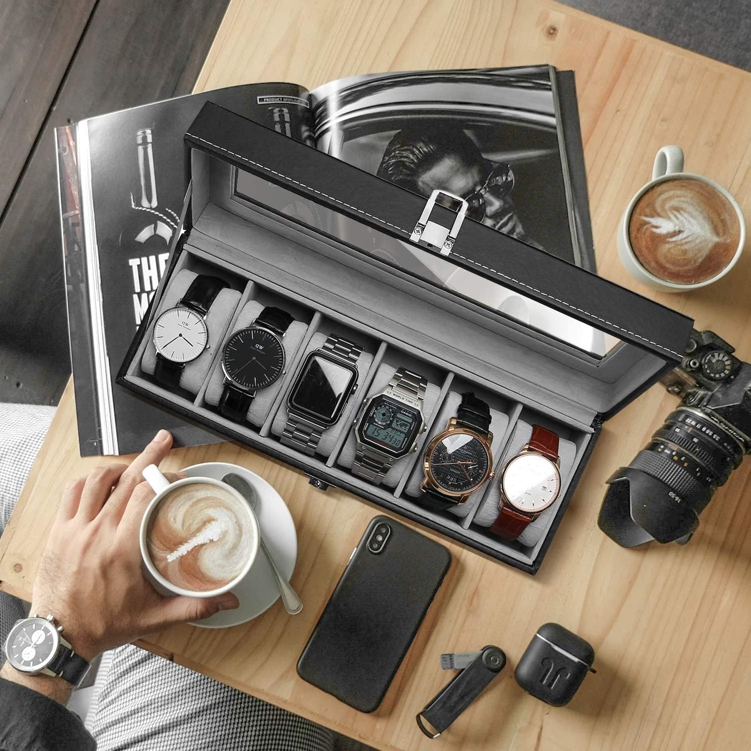 6-slot Leather Watch Box, Watch Box Organizer Glass jewelry Storage Black - Image 7