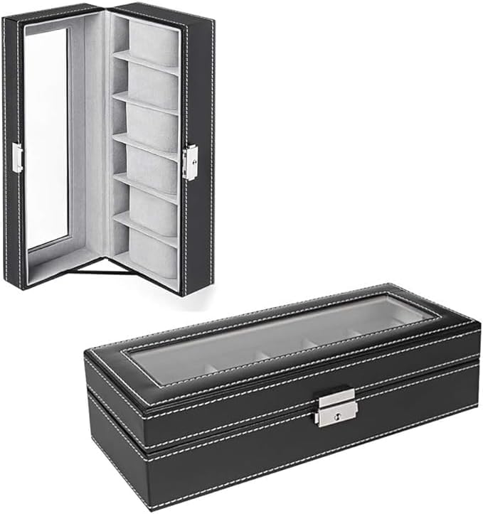 6-slot Leather Watch Box, Watch Box Organizer Glass jewelry Storage Black - Image 8