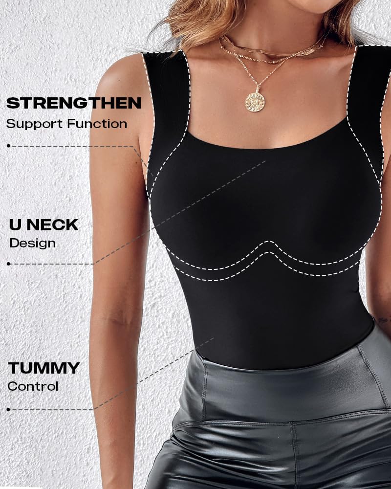 Womens U Neck Shapewear Built-in Bra Tank High Strechy Sleeveless Slim Fit Tops Camisole Workout Tops - Image 3
