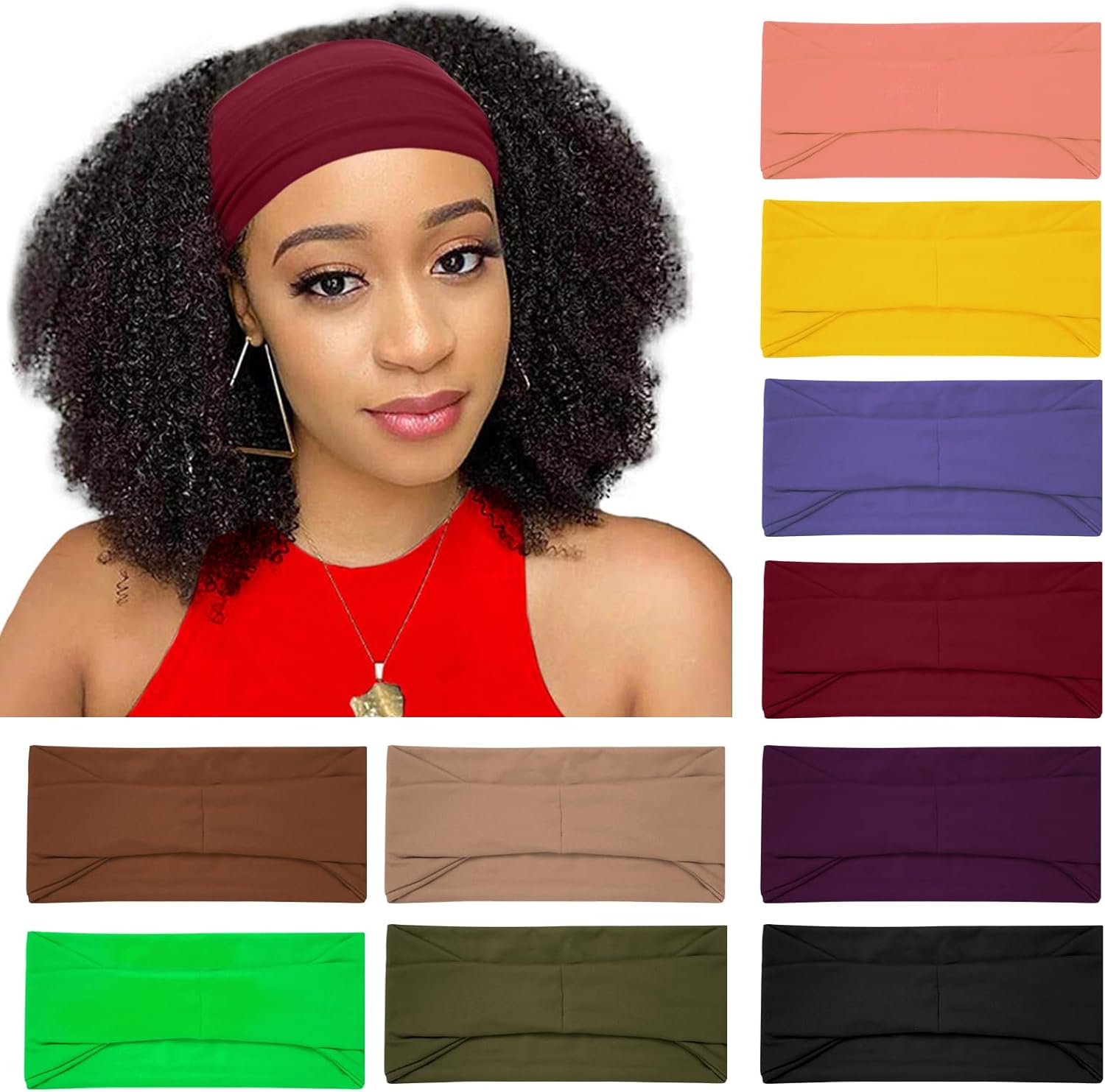10 Pack Wide Headbands for Women, Workout Yoga Running Sports Headband Elastic Hair Bands, Boho Non Slip Sweat Head Bands Thick Head Wrap (Solid Headbands) - Image 1