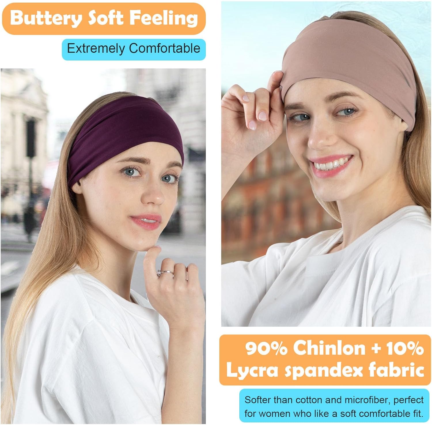 10 Pack Wide Headbands for Women, Workout Yoga Running Sports Headband Elastic Hair Bands, Boho Non Slip Sweat Head Bands Thick Head Wrap (Solid Headbands) - Image 3