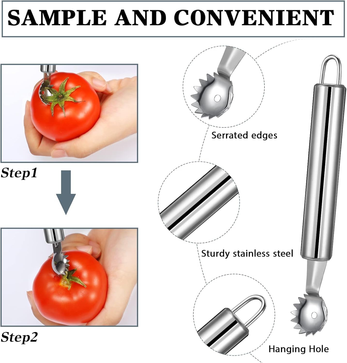2 Pcs Stainless Steel Strawberry Huller and Tomato Stem Corer Tool, Tomato Stem Corer Tool,Stainless Steel Strawberry Huller Corer Vegetable and Corer Practical Kitchen Tool Fruit (2) - Image 3