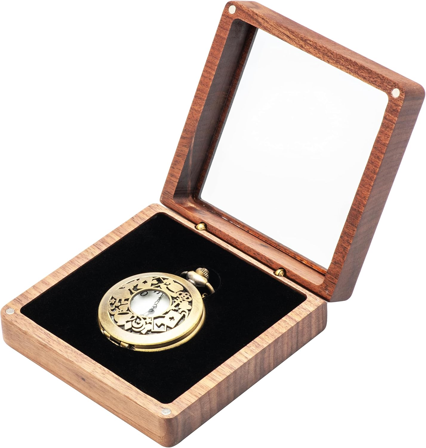 Walnut Wood Pocket Watch Gift Box with Clear Acrylic Lid Portable Single Pocket Watch Display Storage Travel Case Organizer for Men Women (Black Inner) - Image 1