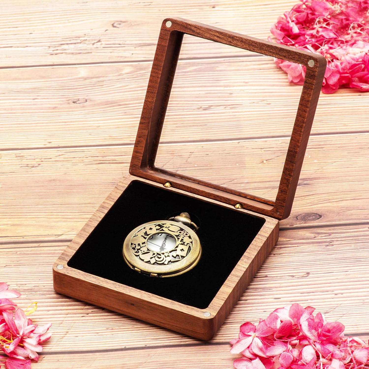 Walnut Wood Pocket Watch Gift Box with Clear Acrylic Lid Portable Single Pocket Watch Display Storage Travel Case Organizer for Men Women (Black Inner) - Image 5