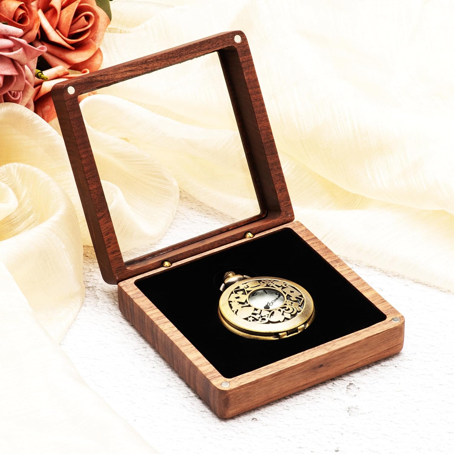 Walnut Wood Pocket Watch Gift Box with Clear Acrylic Lid Portable Single Pocket Watch Display Storage Travel Case Organizer for Men Women (Black Inner) - Image 6