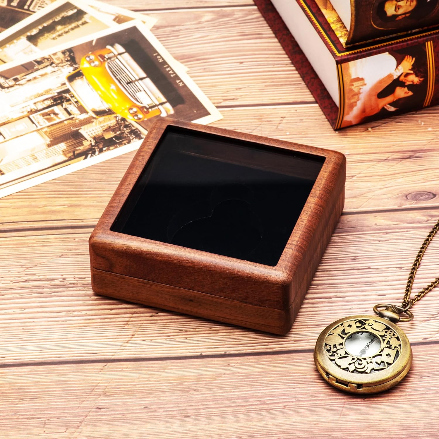 Walnut Wood Pocket Watch Gift Box with Clear Acrylic Lid Portable Single Pocket Watch Display Storage Travel Case Organizer for Men Women (Black Inner) - Image 7