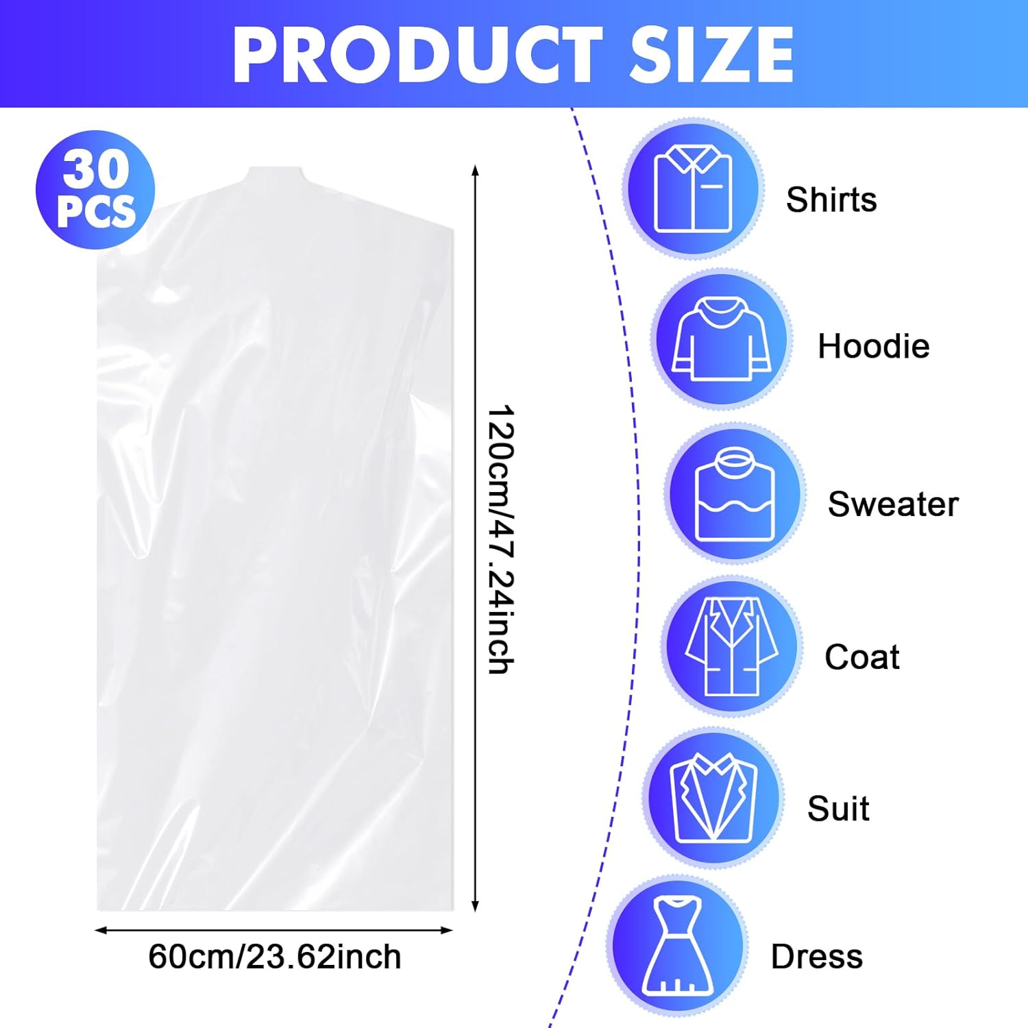 30 Pack Clear Garment Bags, 47.2 Inch Plastic Garment Bags Dustproof, Long Clothes Covers, Waterproof Suit Cover Bag, Moth Proof Coat Bag for Shirts Gowns Dresses - Image 2