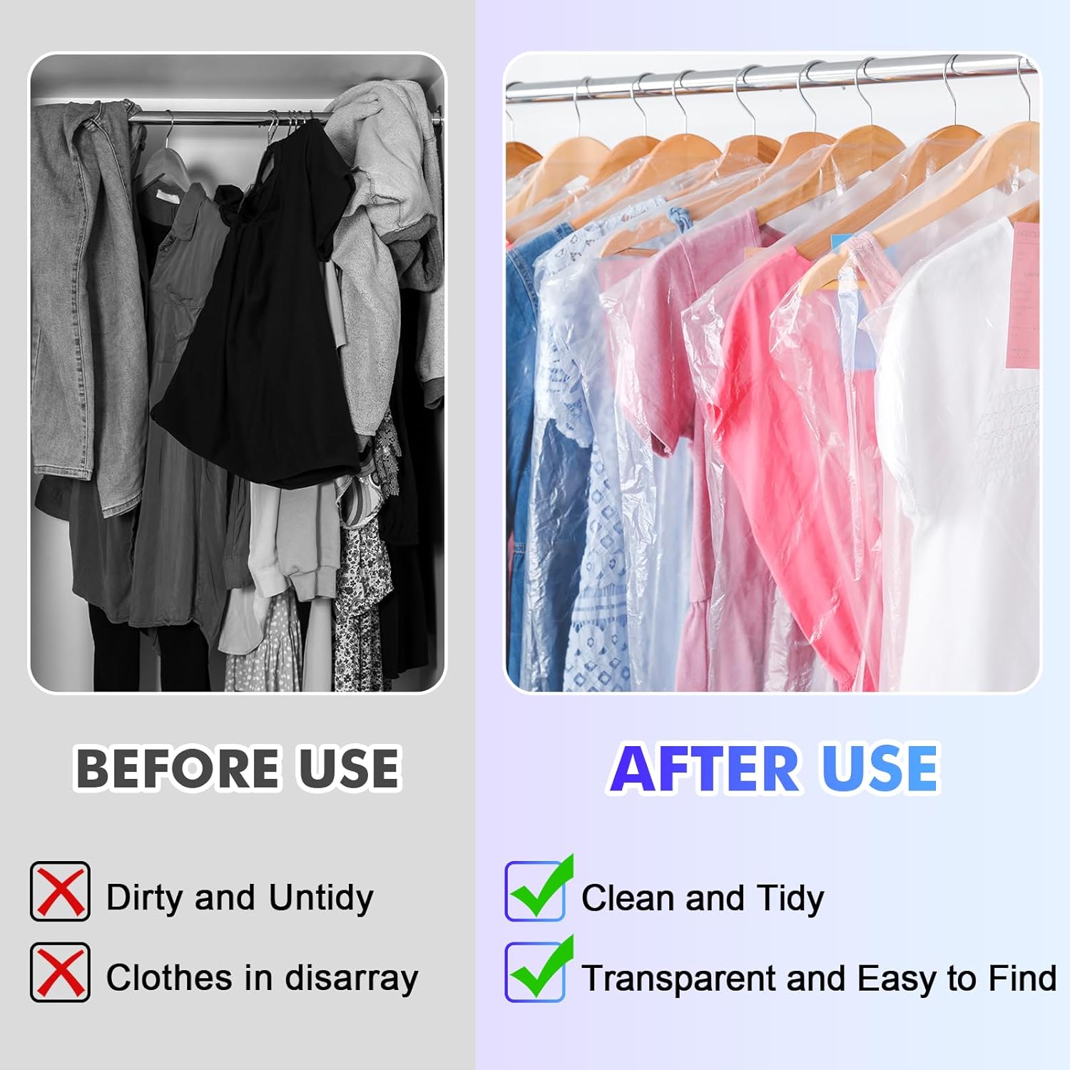 30 Pack Clear Garment Bags, 47.2 Inch Plastic Garment Bags Dustproof, Long Clothes Covers, Waterproof Suit Cover Bag, Moth Proof Coat Bag for Shirts Gowns Dresses - Image 5