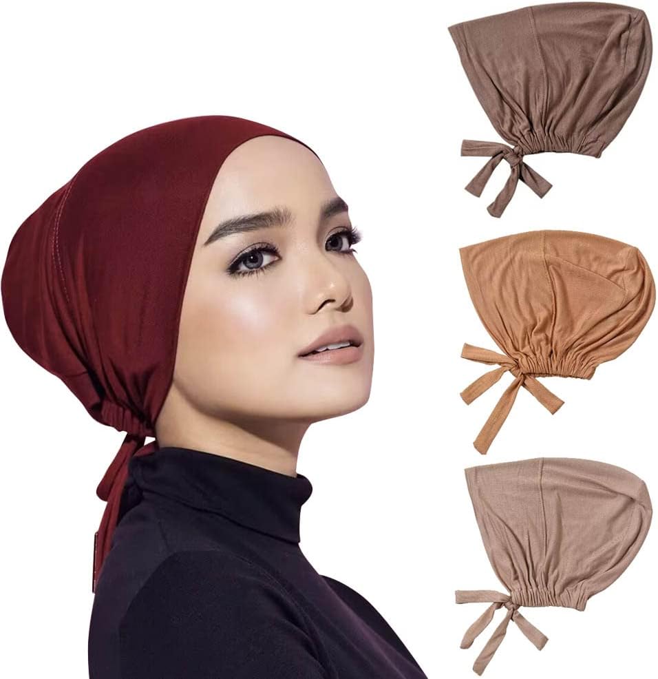 4 Pcs Women Hijab Undercap Muslim Inner Beanies Cap with Tie Back Closure Adjustable Underscarf Hat Chemo Turban Cap - Image 1