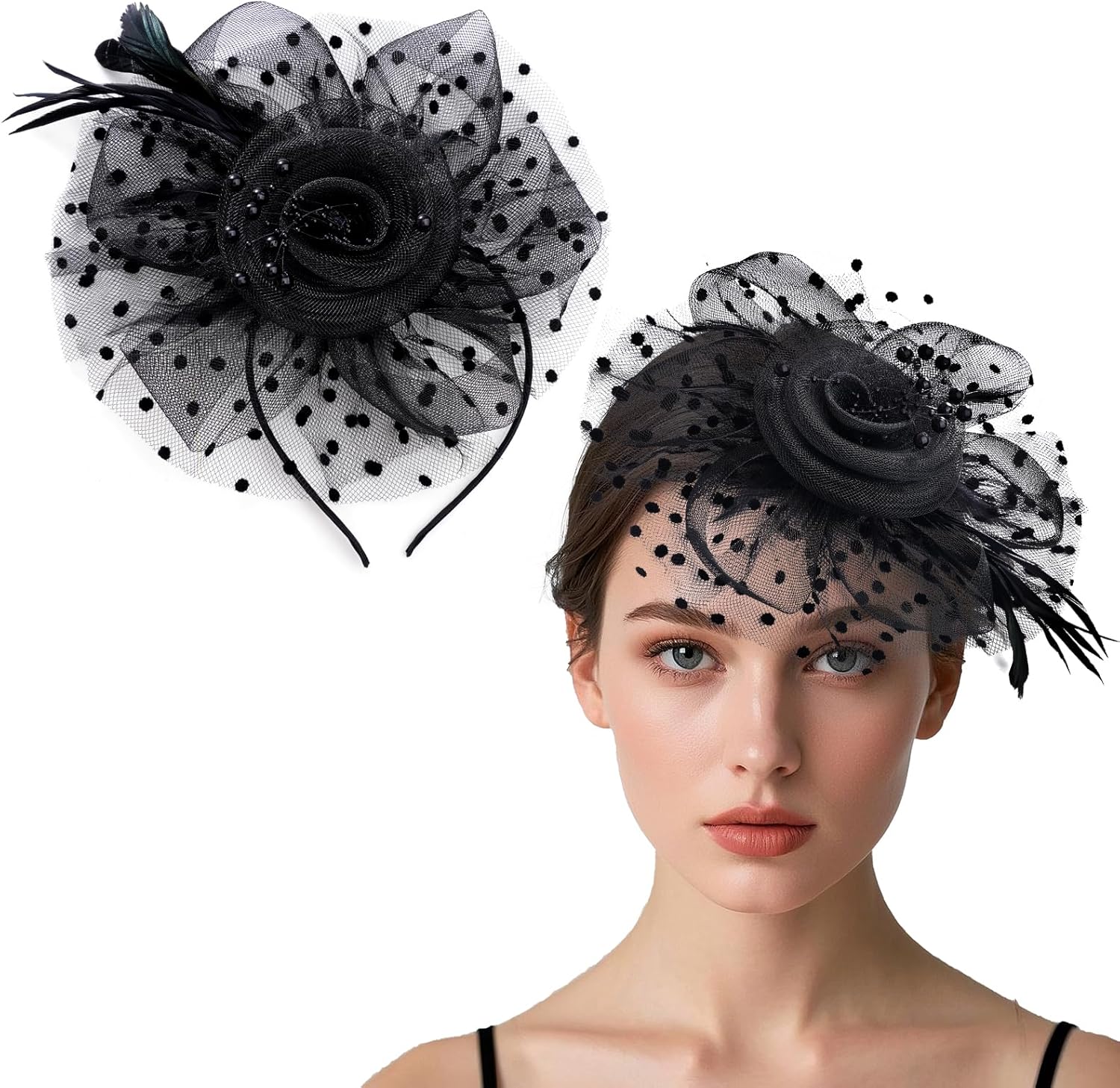Fascinators Hat Cocktail Hat Feathers Veil Headband with Hair Clip for Tea Party Girls and Women - Image 2