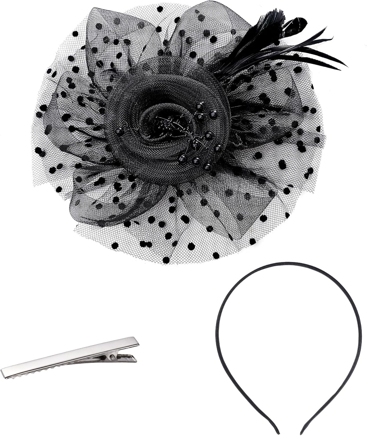 Fascinators Hat Cocktail Hat Feathers Veil Headband with Hair Clip for Tea Party Girls and Women - Image 4