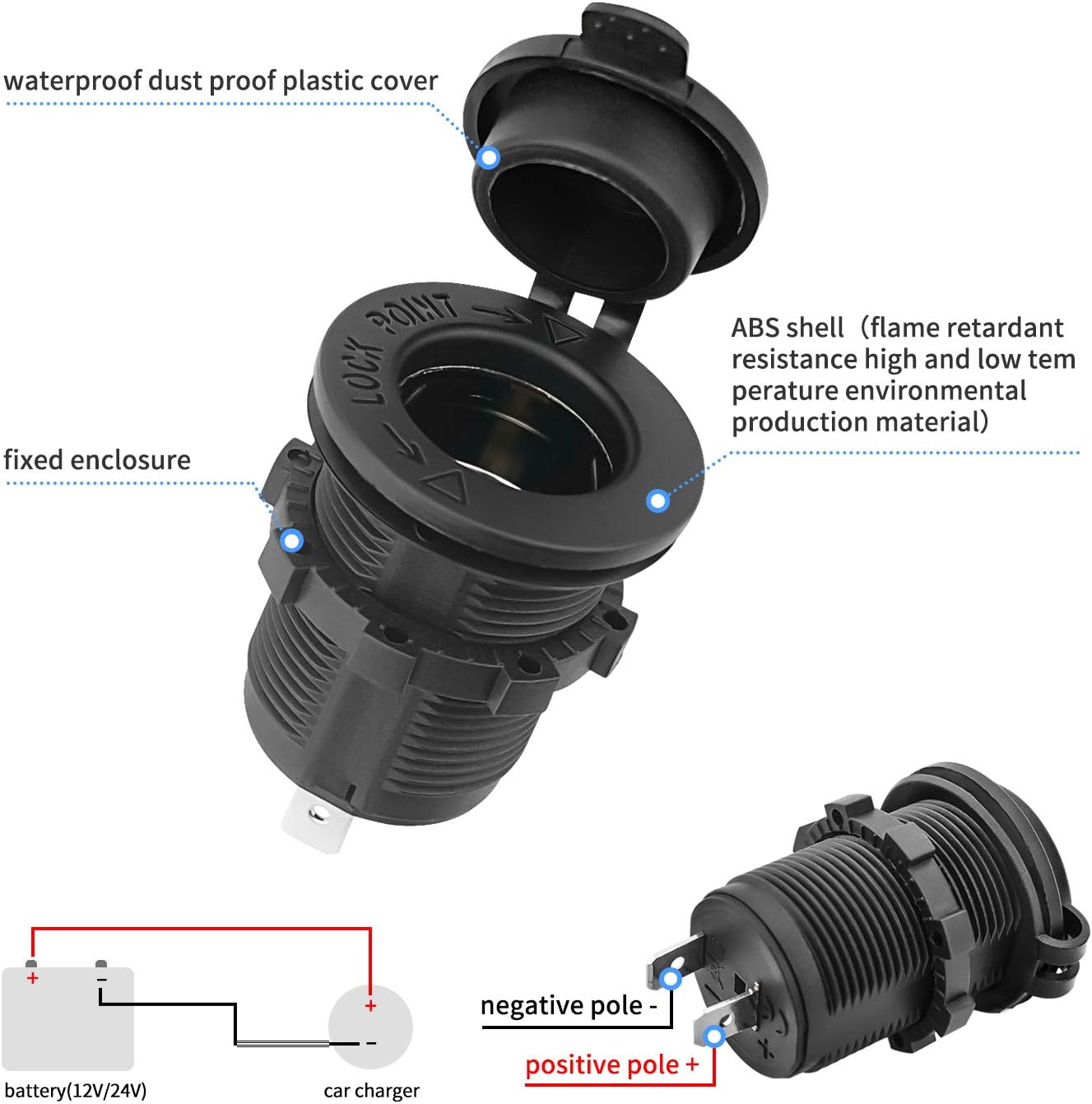 12V Car Cigarette Lighter Socket Waterproof and Dustproof Plug Socket for Car Truck Motobike Boats Marine ATV, with Fuse & 60cm Cable (Black-3PCS) - Image 2