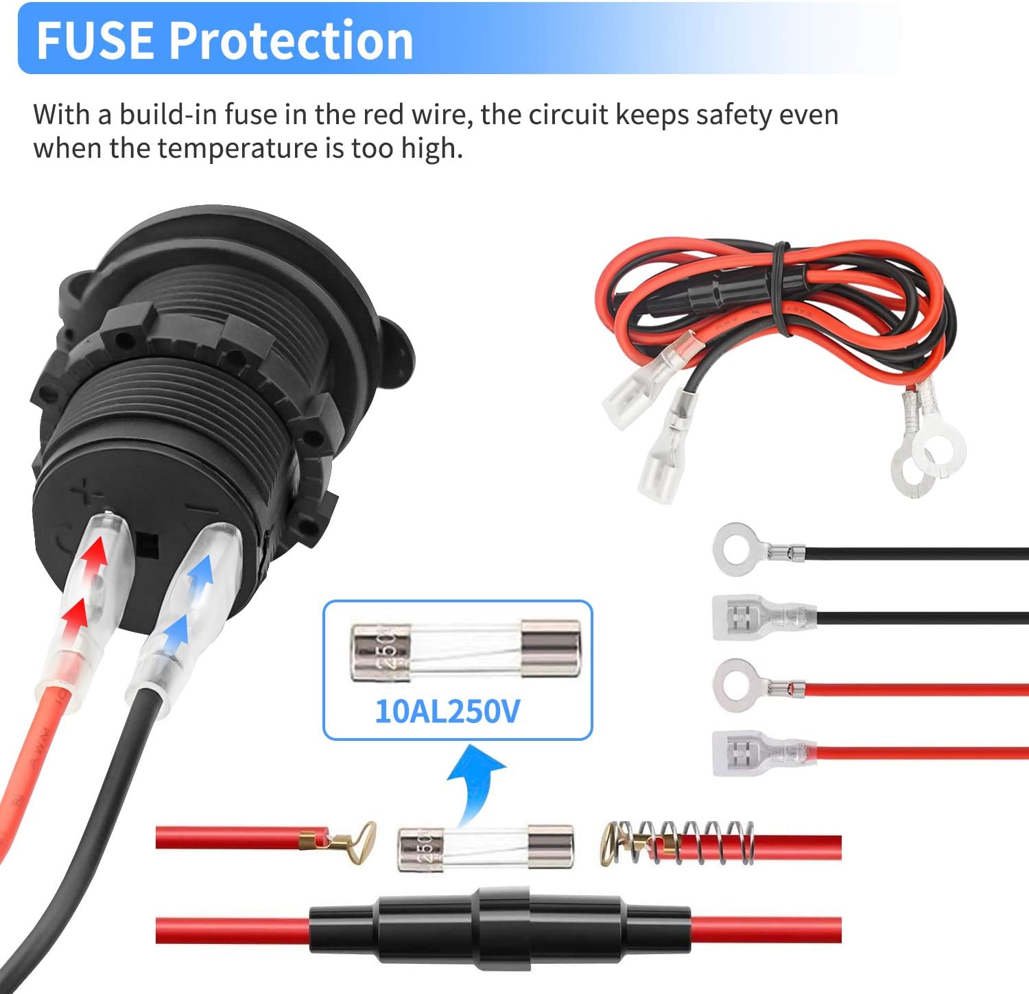 12V Car Cigarette Lighter Socket Waterproof and Dustproof Plug Socket for Car Truck Motobike Boats Marine ATV, with Fuse & 60cm Cable (Black-3PCS) - Image 3