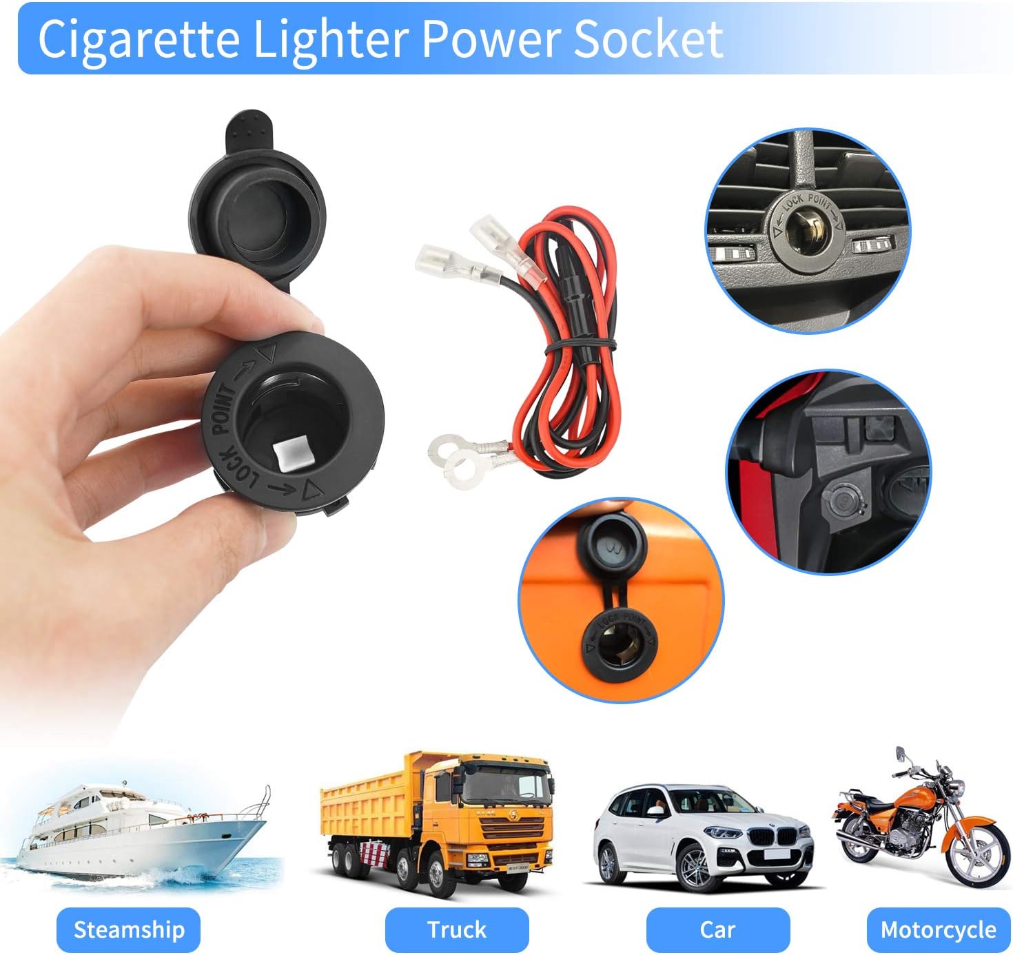 12V Car Cigarette Lighter Socket Waterproof and Dustproof Plug Socket for Car Truck Motobike Boats Marine ATV, with Fuse & 60cm Cable (Black-3PCS) - Image 5