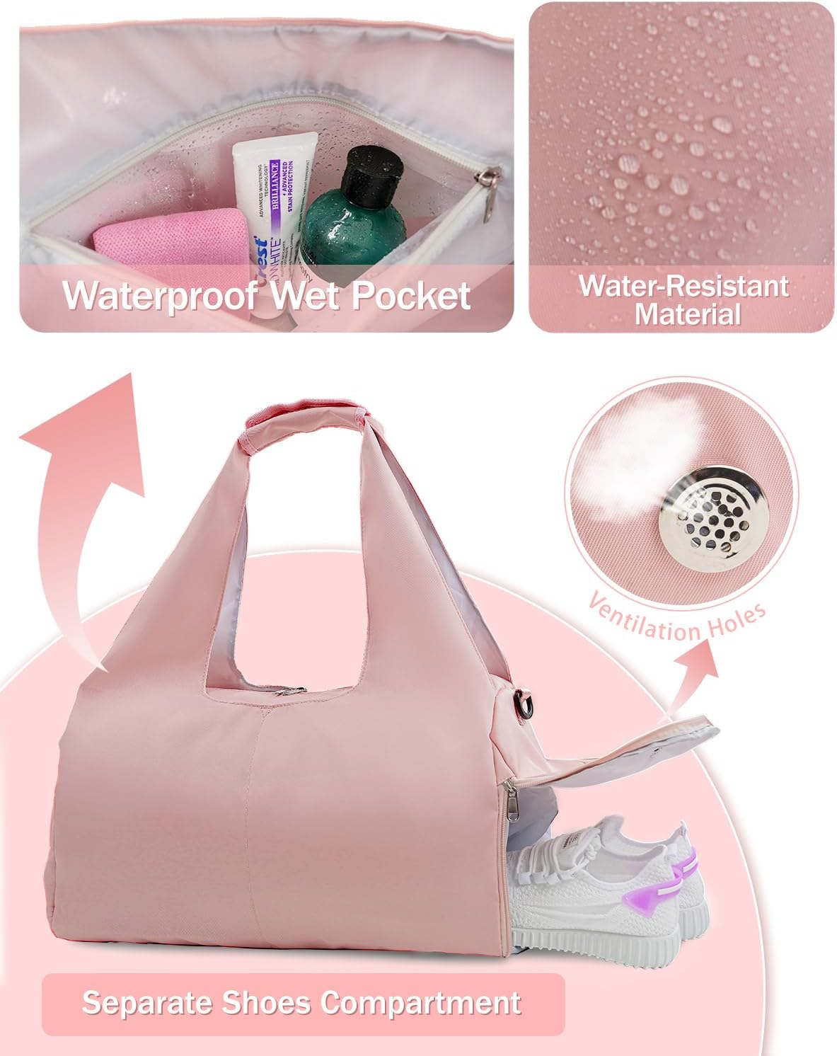 Gym Bag for Women with Shoe Compartment Yoga Mat Bag with Wet Pocket and Water Bottle Holder Weekender Bag with Strap - Image 2