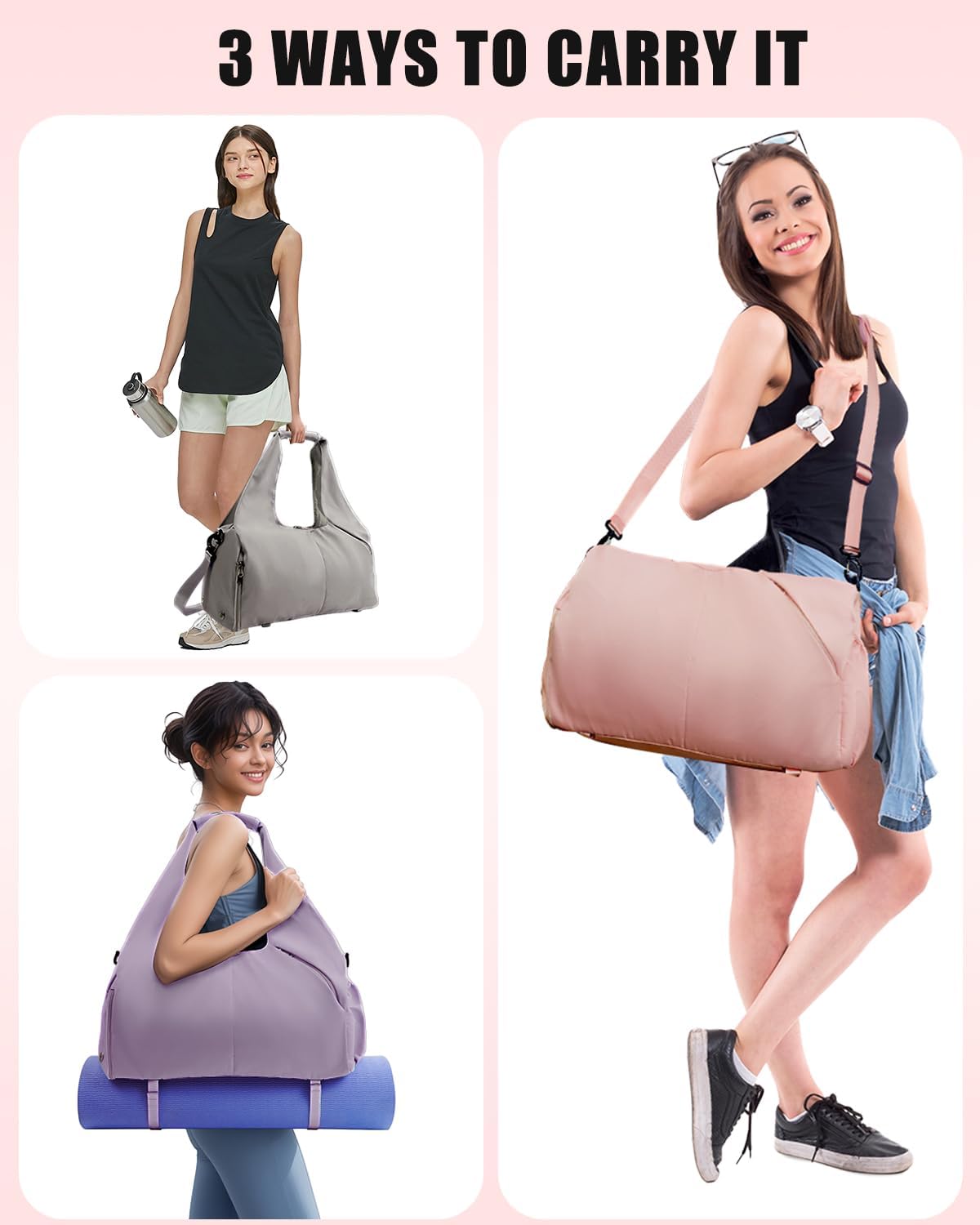 Gym Bag for Women with Shoe Compartment Yoga Mat Bag with Wet Pocket and Water Bottle Holder Weekender Bag with Strap - Image 6