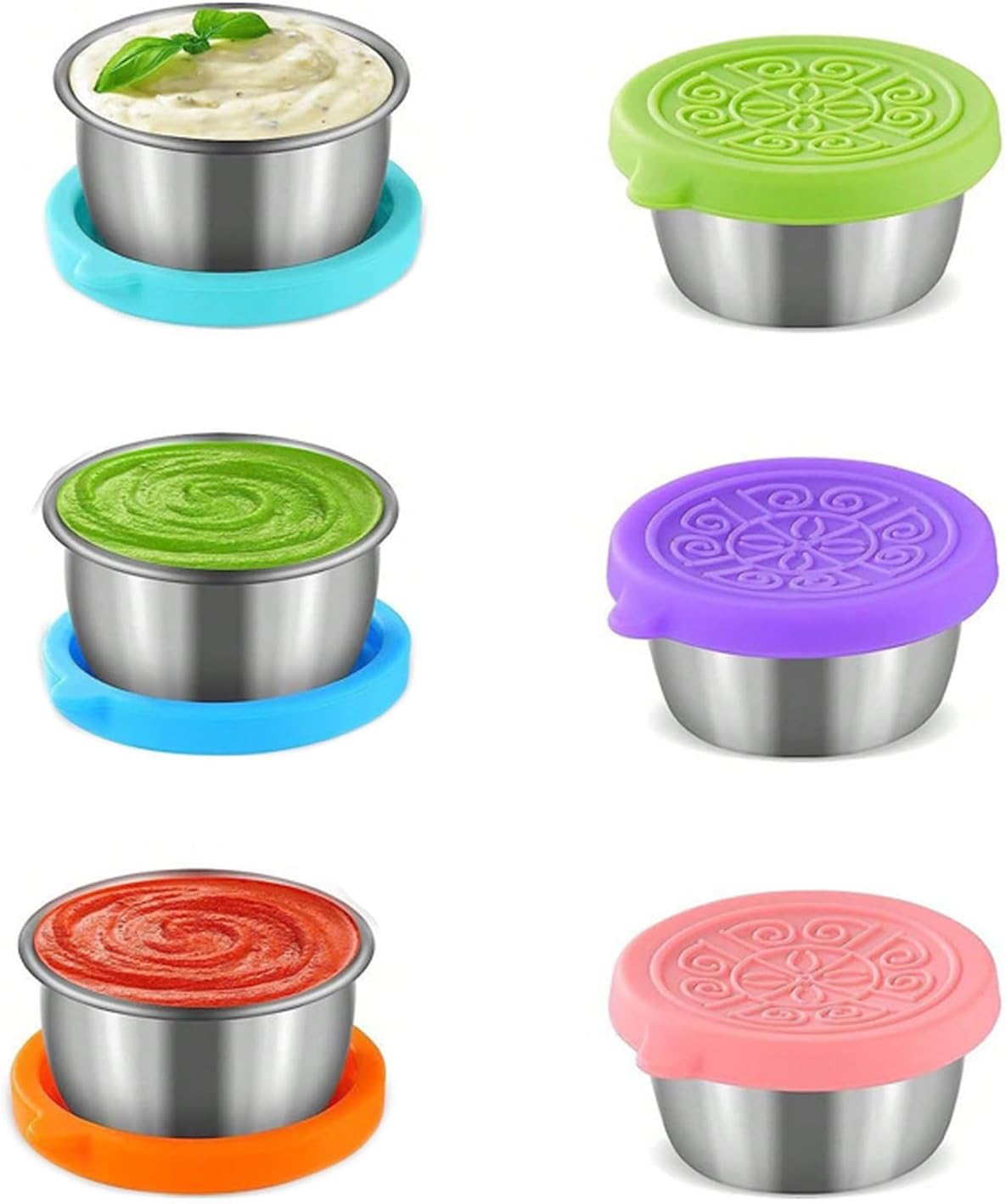 6-Pack Salad Dressing Food Storage Containers with Leakproof Silicone Lids, 50ml Stainless Steel Condiment & Dipping Sauce Cups Ideal for Lunch Bento Boxes - Image 1