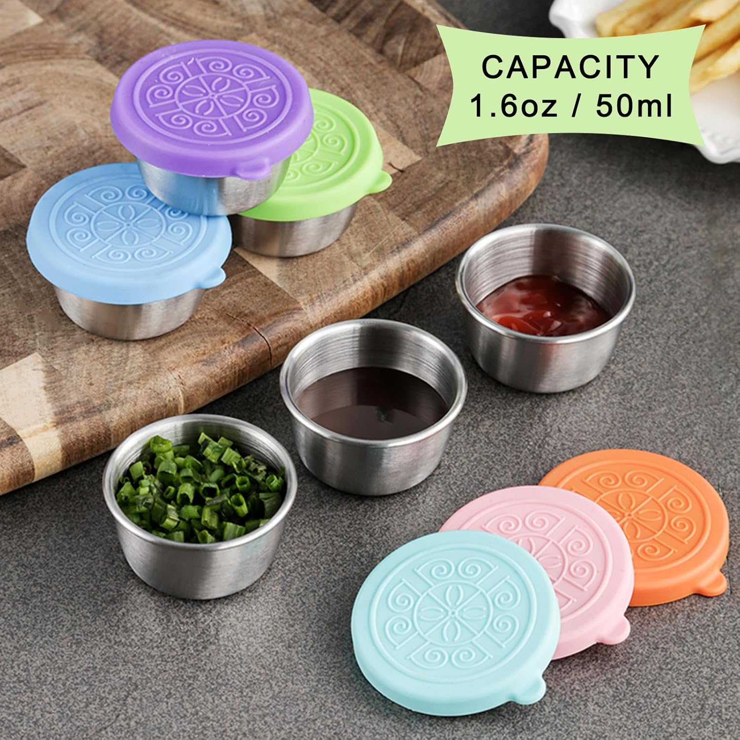 6-Pack Salad Dressing Food Storage Containers with Leakproof Silicone Lids, 50ml Stainless Steel Condiment & Dipping Sauce Cups Ideal for Lunch Bento Boxes - Image 2