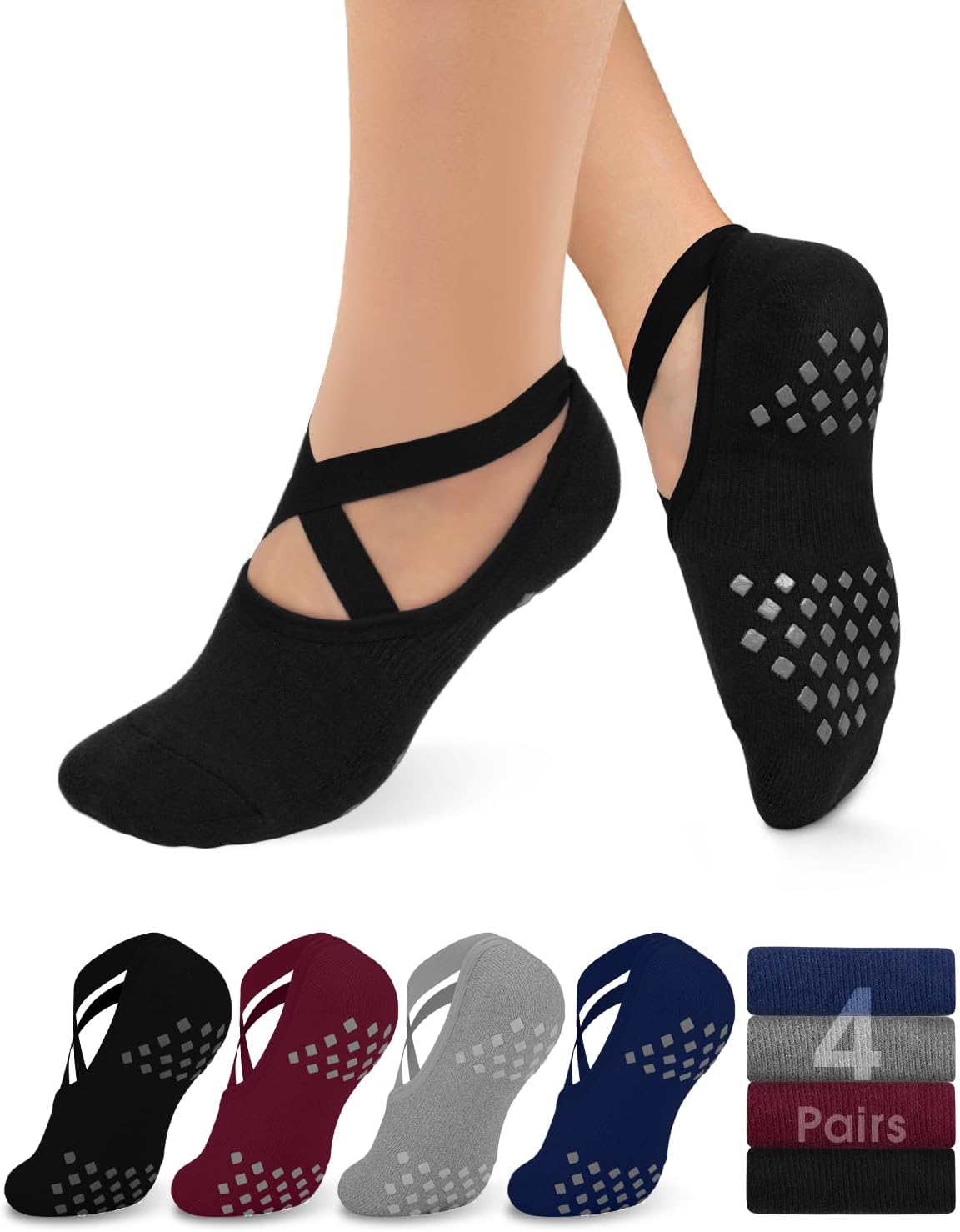 Non Slip Pilates Socks with Grips for Women, Grip Socks for Yoga Ballet Dance Barefoot Workout Anti Skid Crew Socks - Image 1
