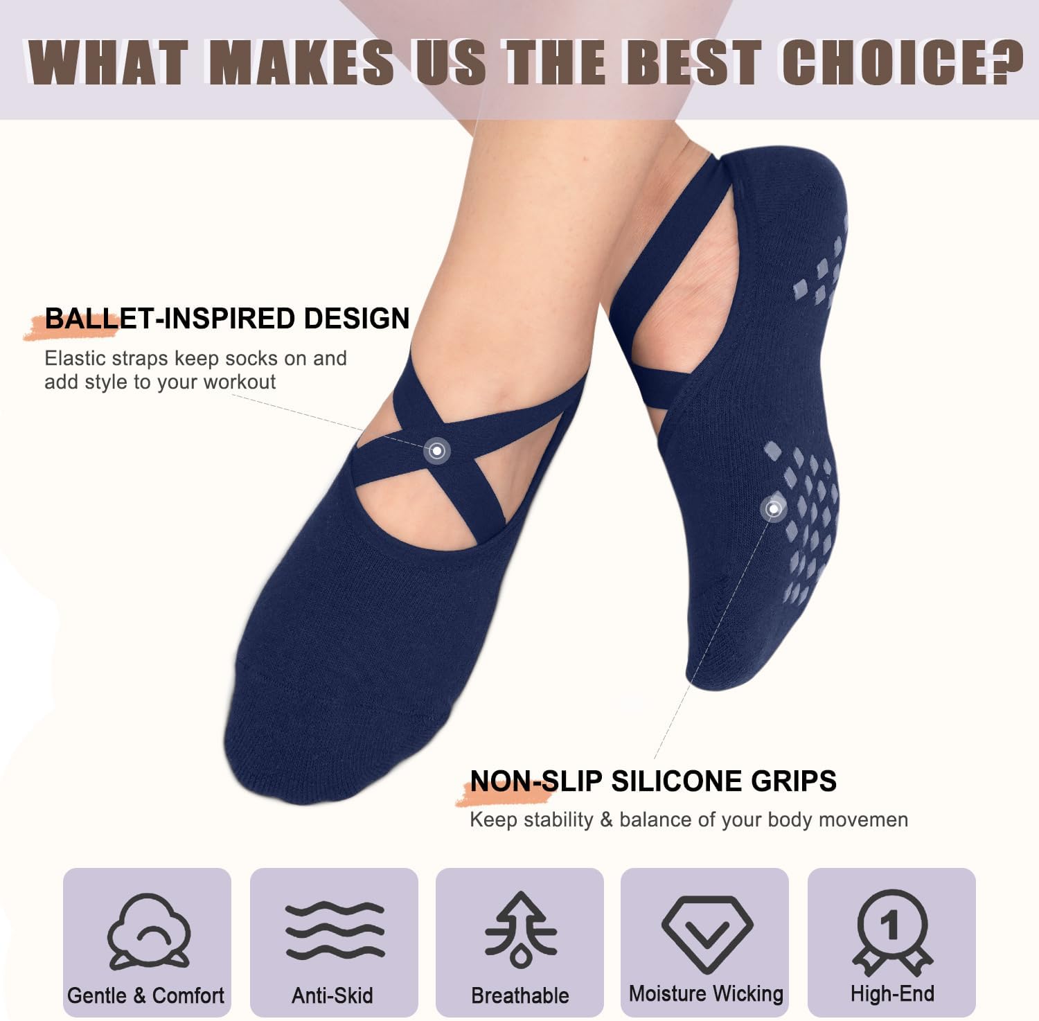Non Slip Pilates Socks with Grips for Women, Grip Socks for Yoga Ballet Dance Barefoot Workout Anti Skid Crew Socks - Image 3