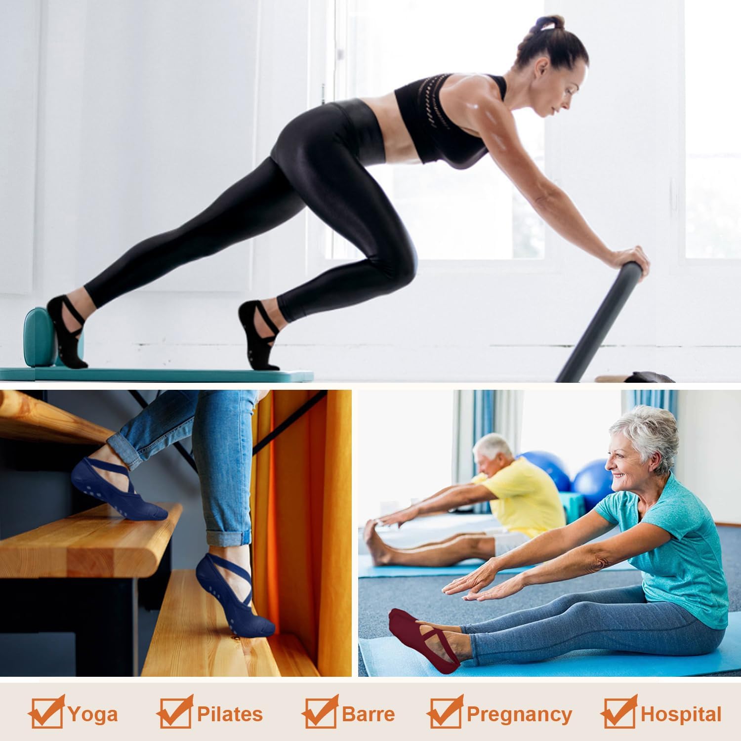 Non Slip Pilates Socks with Grips for Women, Grip Socks for Yoga Ballet Dance Barefoot Workout Anti Skid Crew Socks - Image 5