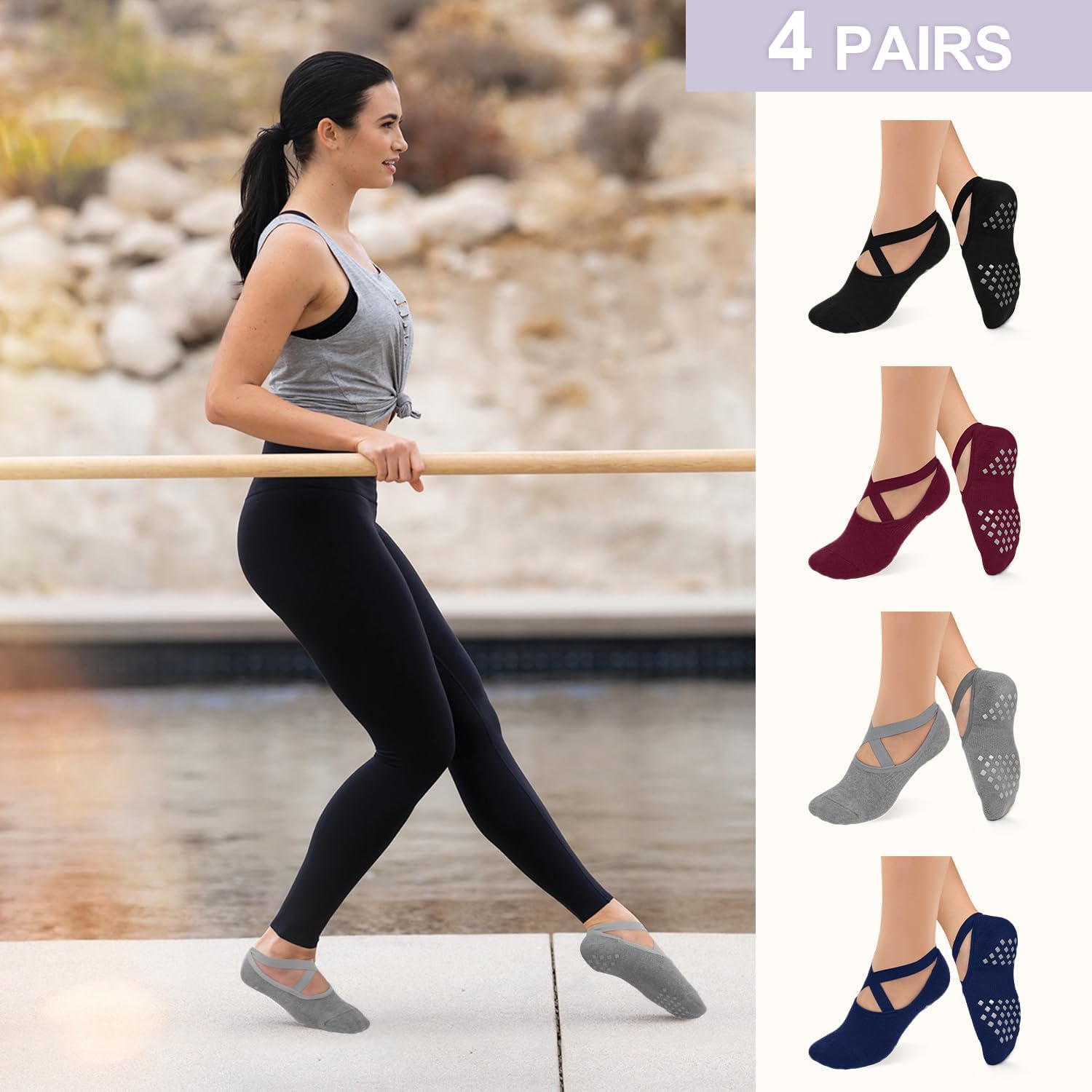 Non Slip Pilates Socks with Grips for Women, Grip Socks for Yoga Ballet Dance Barefoot Workout Anti Skid Crew Socks - Image 7