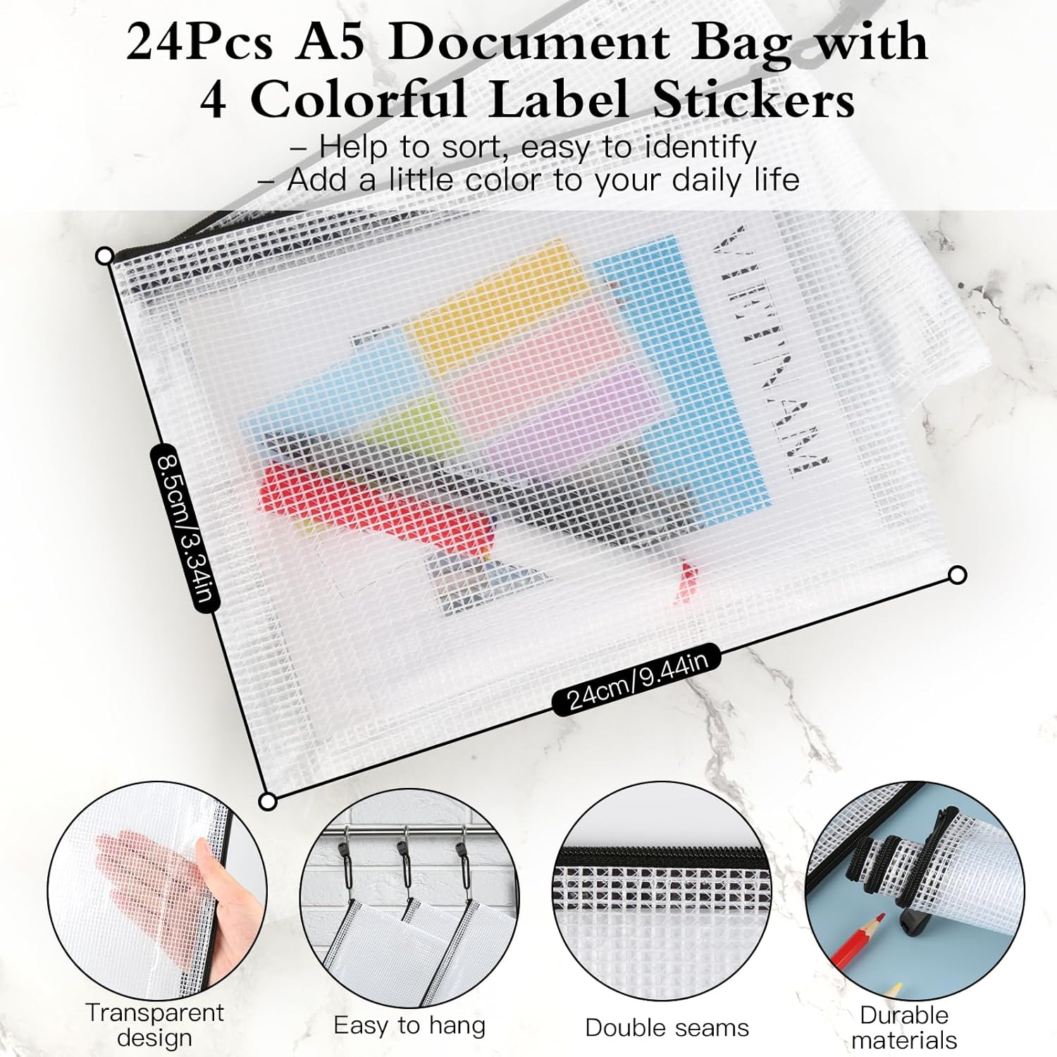 Mesh Zipper Pouch Bags, 24Pcs A5 Zipper Wallet Bags, Waterproof Pochette Plastique, Clear Mesh Plastic Zipper Pouch for Office Supplies, Documents, Paper, Travel, Cosmetics - Image 2