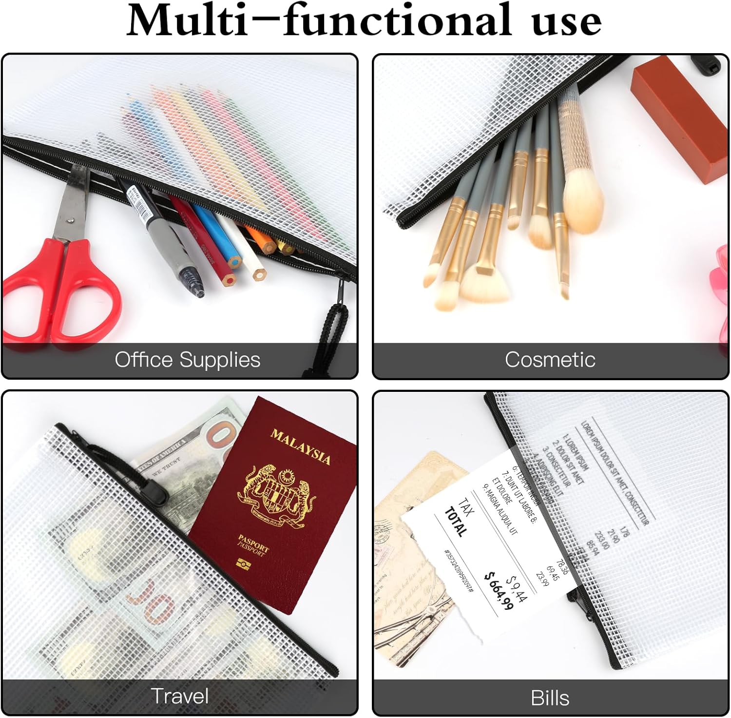 Mesh Zipper Pouch Bags, 24Pcs A5 Zipper Wallet Bags, Waterproof Pochette Plastique, Clear Mesh Plastic Zipper Pouch for Office Supplies, Documents, Paper, Travel, Cosmetics - Image 6
