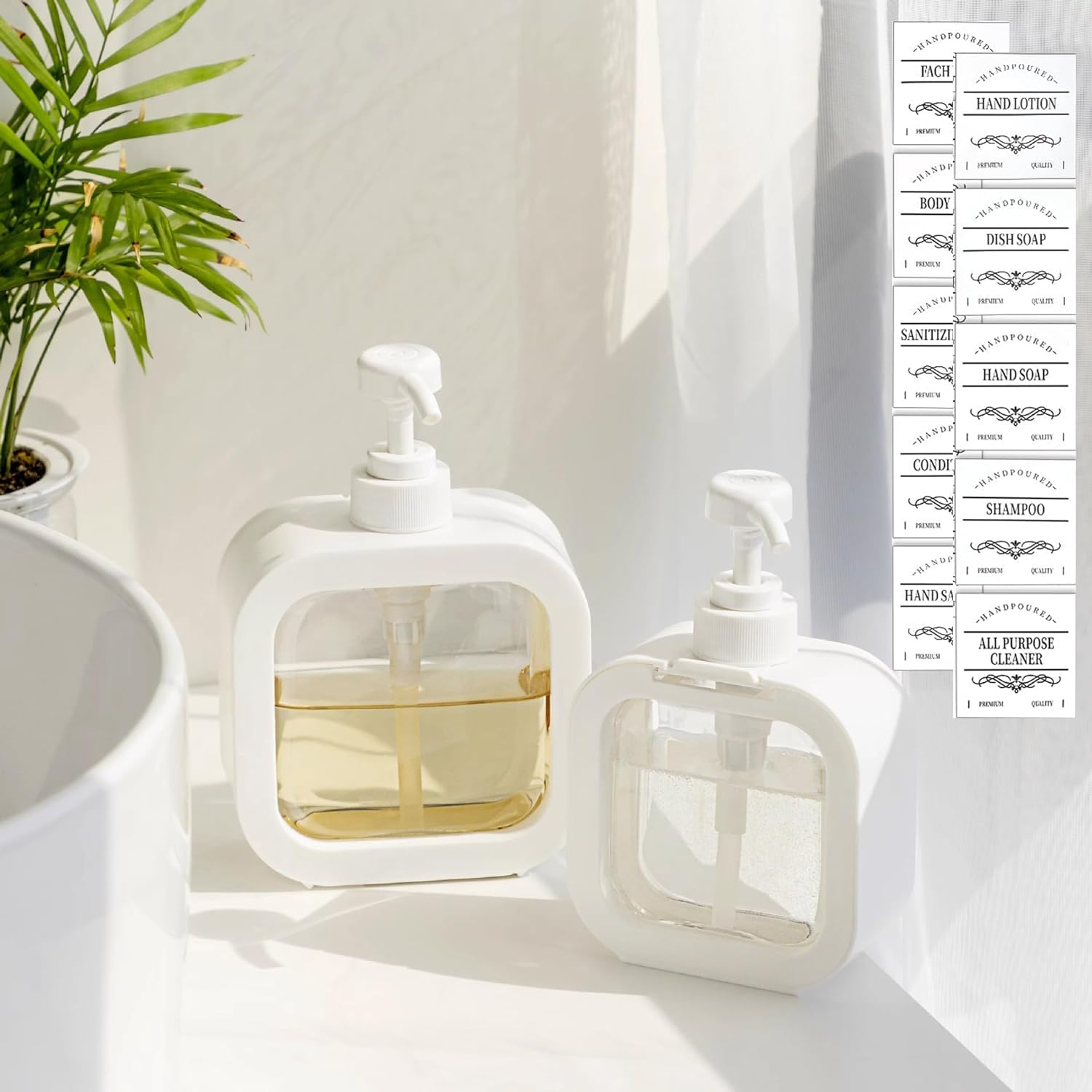 Soap Dispenser, 2 Pack 18Oz/500ml Liquid Soap Dispenser Stylish Hand Soap Dish Dispenser with Pump and 12Pcs Waterproof Labels for Bathroom,Kitchen Decor - Image 1