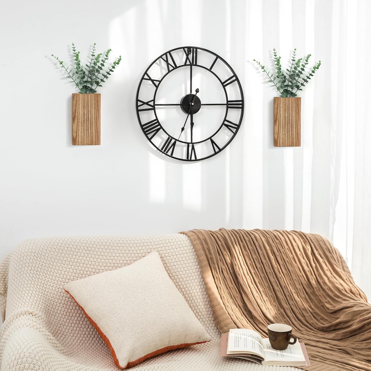 2 Pack Wood Wall Planter Vase with Artificial Eucalyptus Farmhouse Wall Hanging Decor Pocket Planter for Indoor Fake Plants Greenery Flowers, livingroom Bedroom Kitchen Home Office Decoration - Image 2