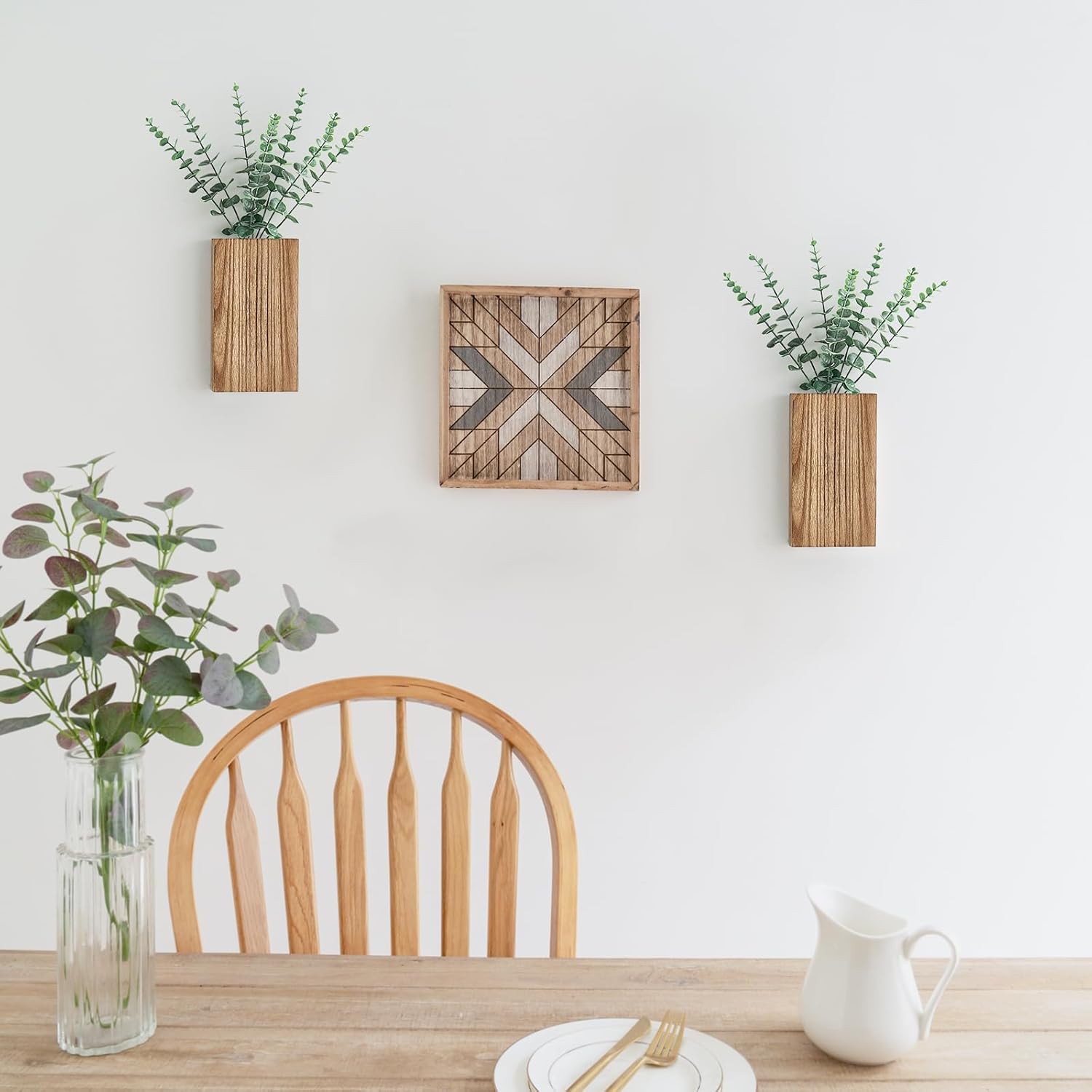 2 Pack Wood Wall Planter Vase with Artificial Eucalyptus Farmhouse Wall Hanging Decor Pocket Planter for Indoor Fake Plants Greenery Flowers, livingroom Bedroom Kitchen Home Office Decoration - Image 3