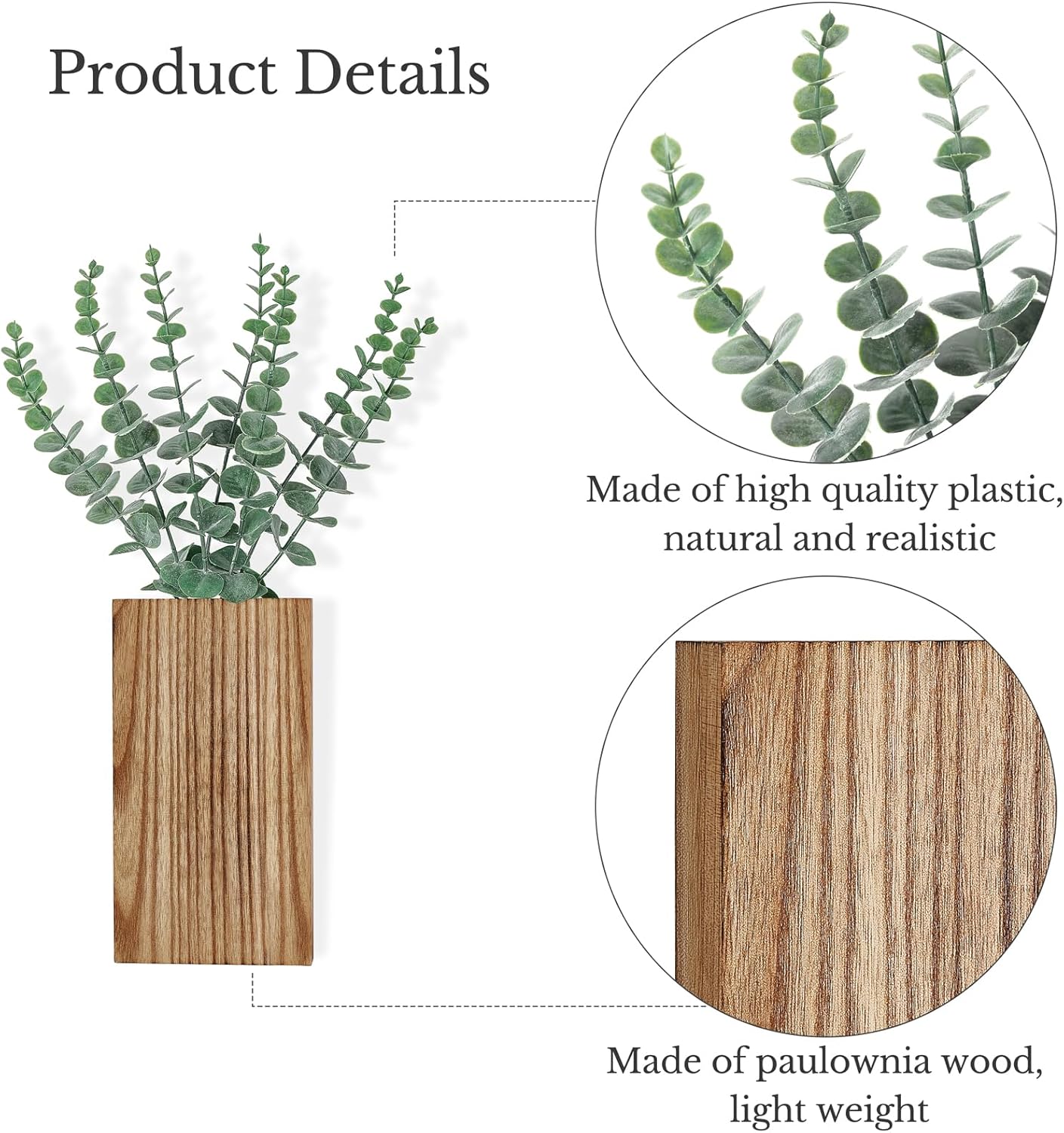 2 Pack Wood Wall Planter Vase with Artificial Eucalyptus Farmhouse Wall Hanging Decor Pocket Planter for Indoor Fake Plants Greenery Flowers, livingroom Bedroom Kitchen Home Office Decoration - Image 4