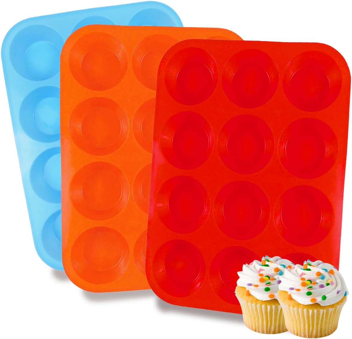 3 Pack Silicone Muffin Pan for Baking, Silicone Cupcake Pan, Muffin Tin 12 Cup Regular Size, Nonstick Silicone Molds Great for Making Muffin Cakes,Bread, Tart - BPA Free Baking Accessory - Image 1