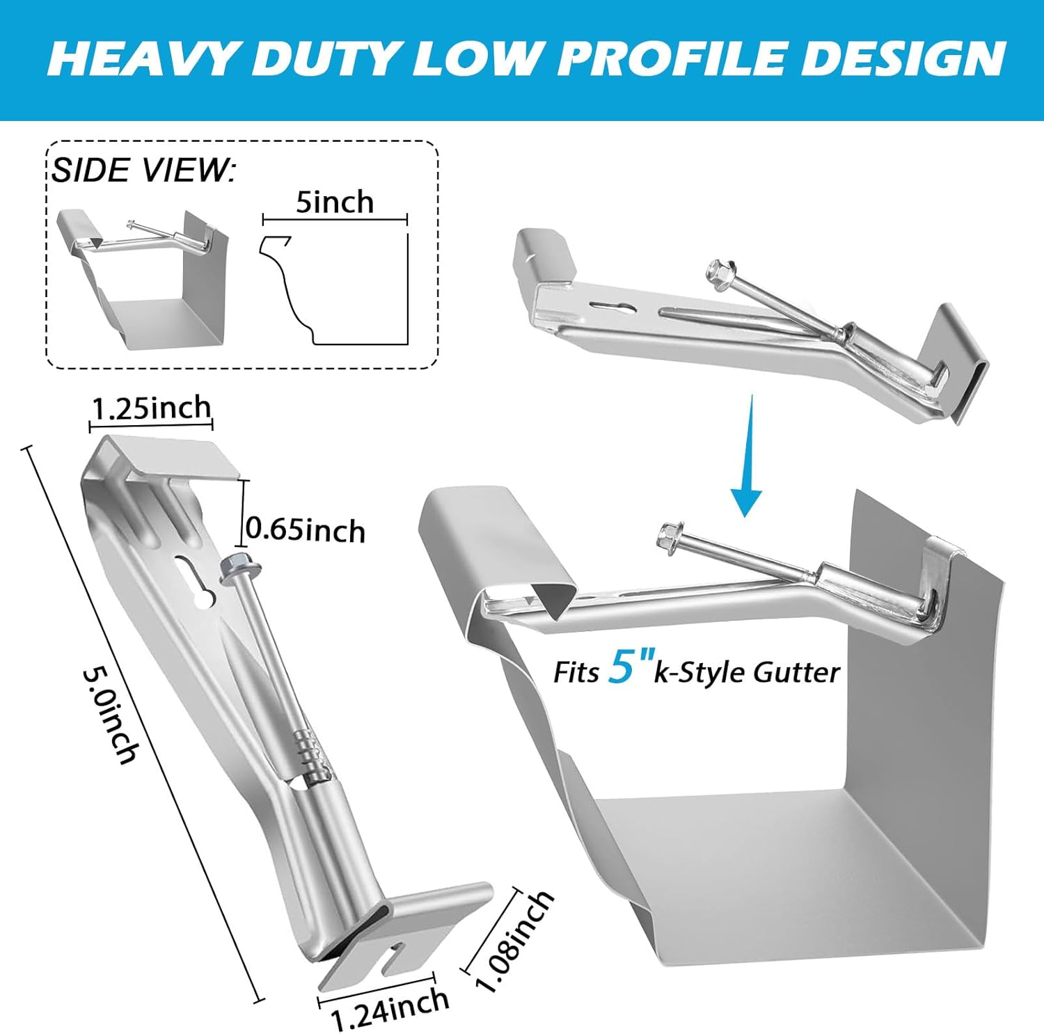 25 Pack Gutter Hangers, 5 Inch Gutter Guard with Speed Screw and Clip, Hidden Rain Gutter Bracket Support, Includes a Drill Bit - Image 2