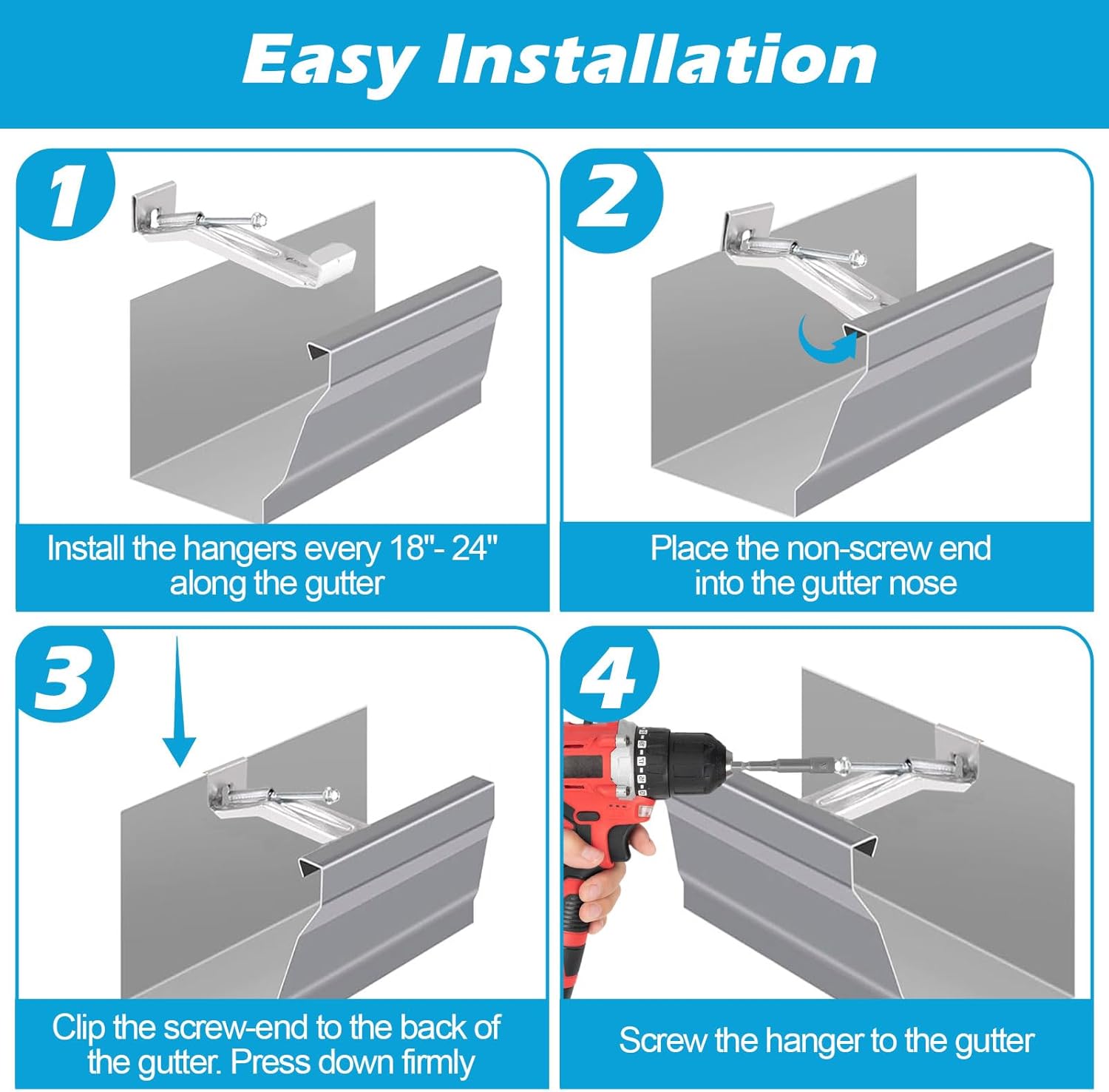 25 Pack Gutter Hangers, 5 Inch Gutter Guard with Speed Screw and Clip, Hidden Rain Gutter Bracket Support, Includes a Drill Bit - Image 4