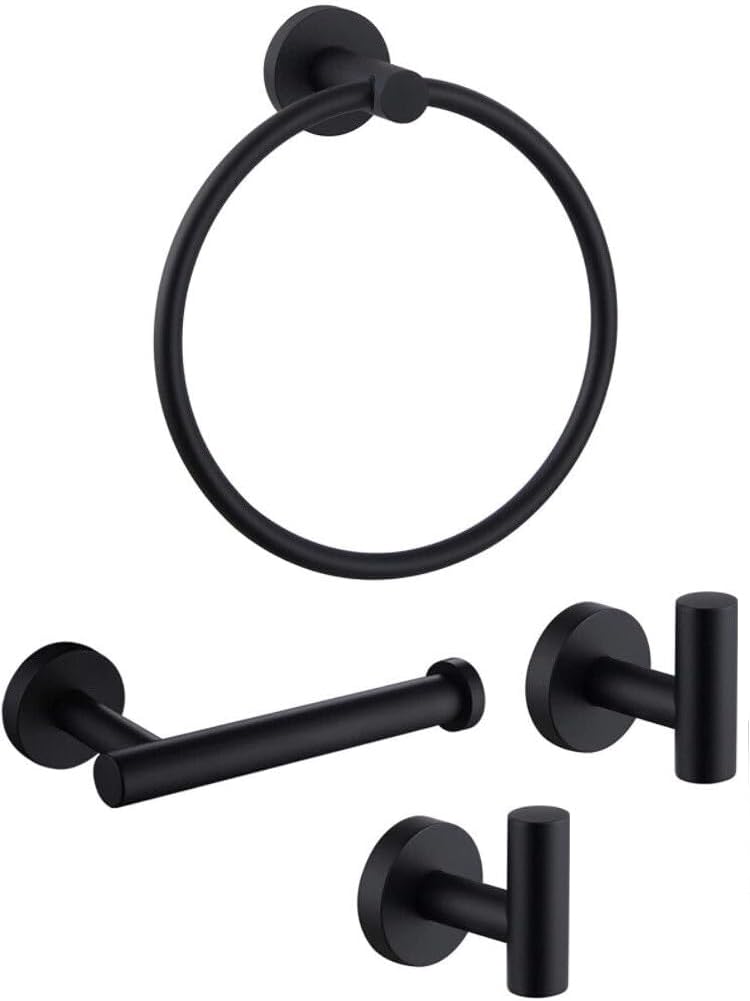 4PCS Bathroom Hardware Set 304 Stainless Steel Bathroom Accessories Set Including 2 Wall Mounted Stainless Steel Robe Hooks Toilet Paper Holder and Towel Ring (Black) - Image 1