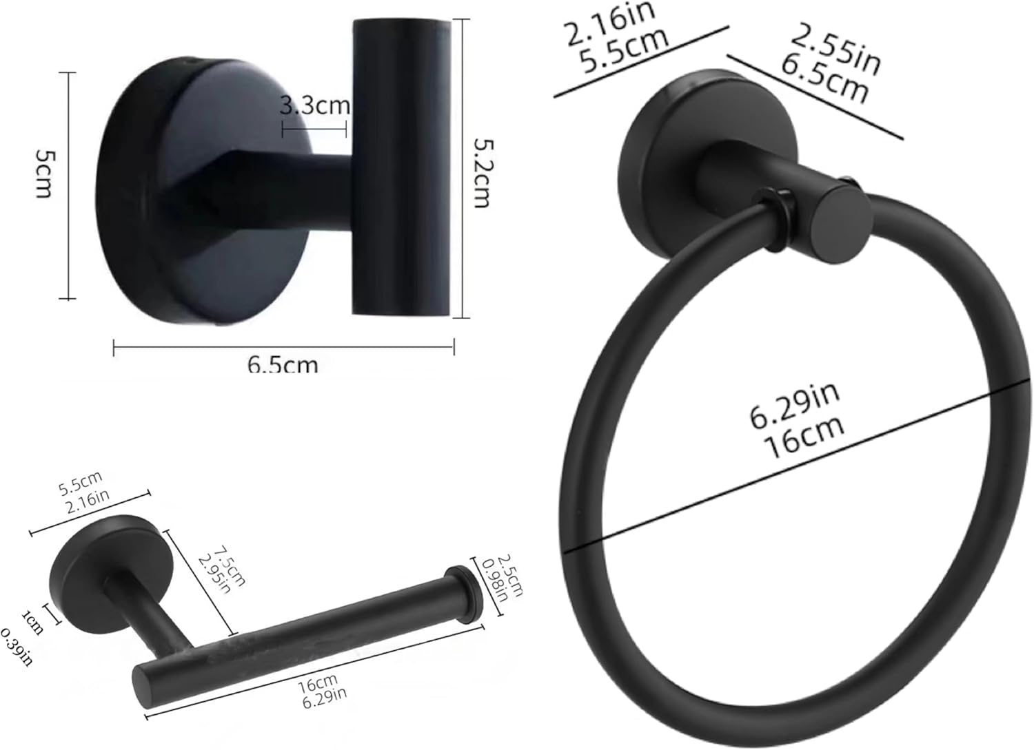 4PCS Bathroom Hardware Set 304 Stainless Steel Bathroom Accessories Set Including 2 Wall Mounted Stainless Steel Robe Hooks Toilet Paper Holder and Towel Ring (Black) - Image 2