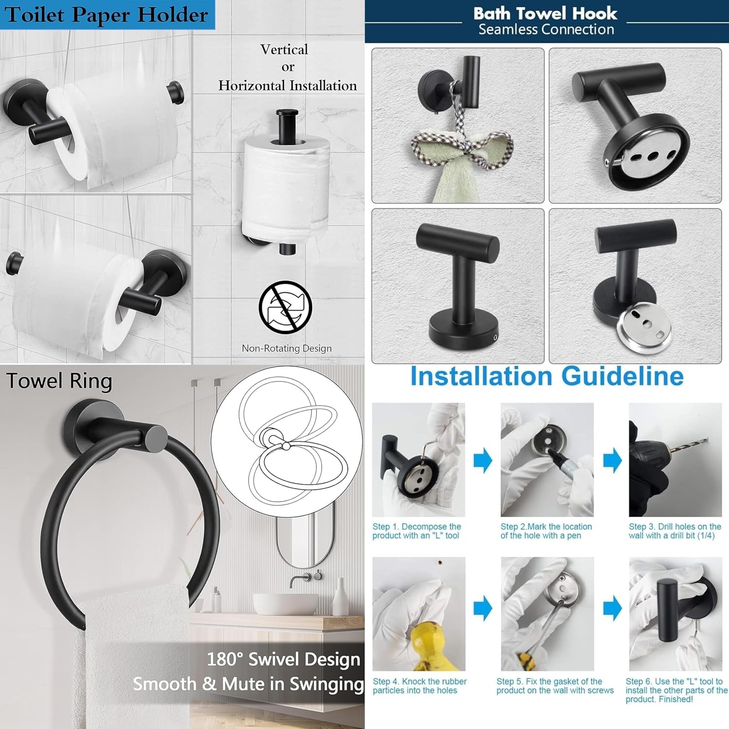 4PCS Bathroom Hardware Set 304 Stainless Steel Bathroom Accessories Set Including 2 Wall Mounted Stainless Steel Robe Hooks Toilet Paper Holder and Towel Ring (Black) - Image 3