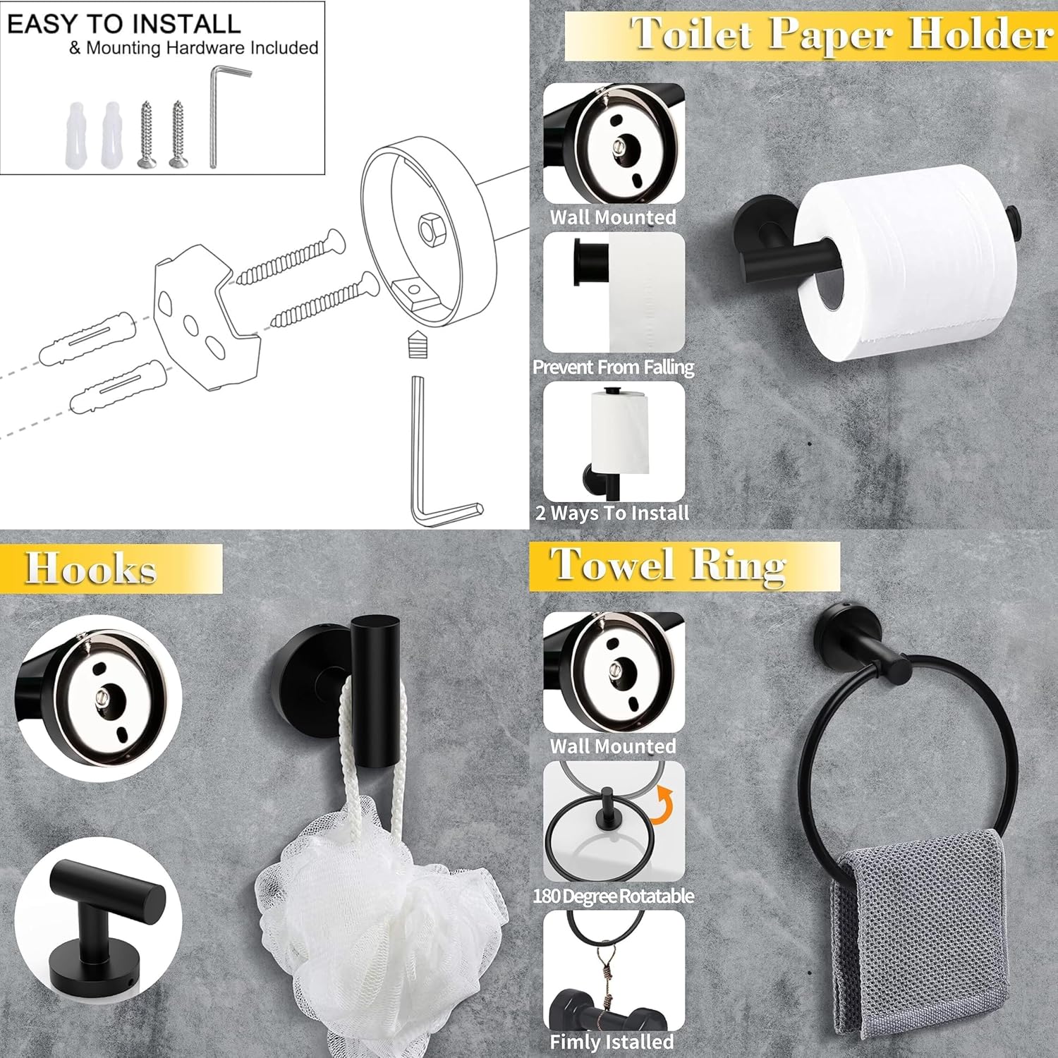 4PCS Bathroom Hardware Set 304 Stainless Steel Bathroom Accessories Set Including 2 Wall Mounted Stainless Steel Robe Hooks Toilet Paper Holder and Towel Ring (Black) - Image 5
