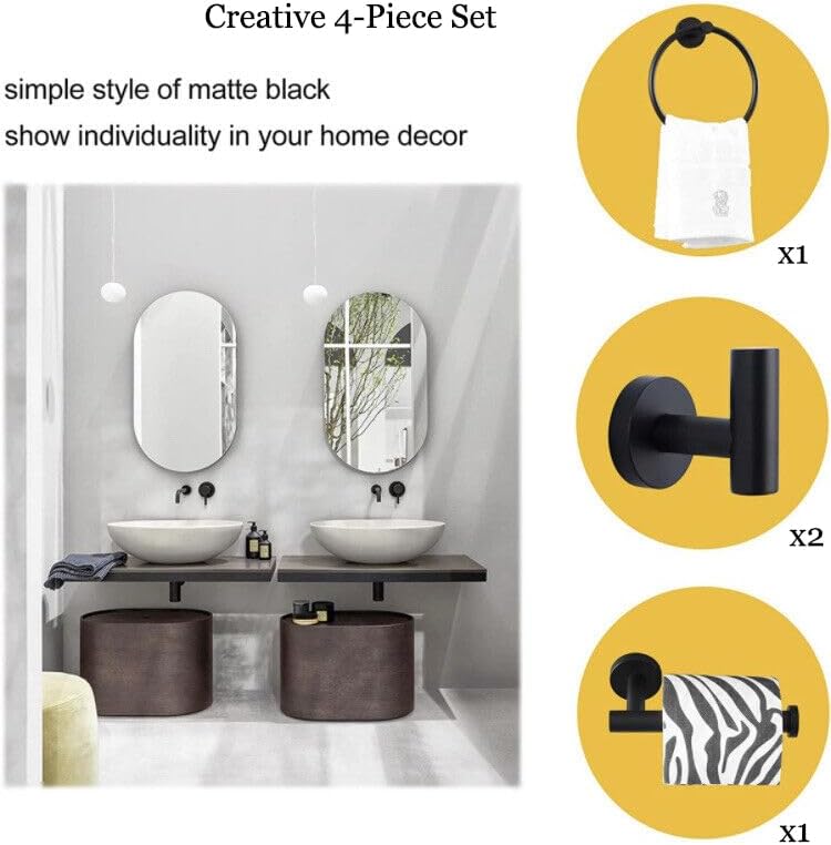 4PCS Bathroom Hardware Set 304 Stainless Steel Bathroom Accessories Set Including 2 Wall Mounted Stainless Steel Robe Hooks Toilet Paper Holder and Towel Ring (Black) - Image 6